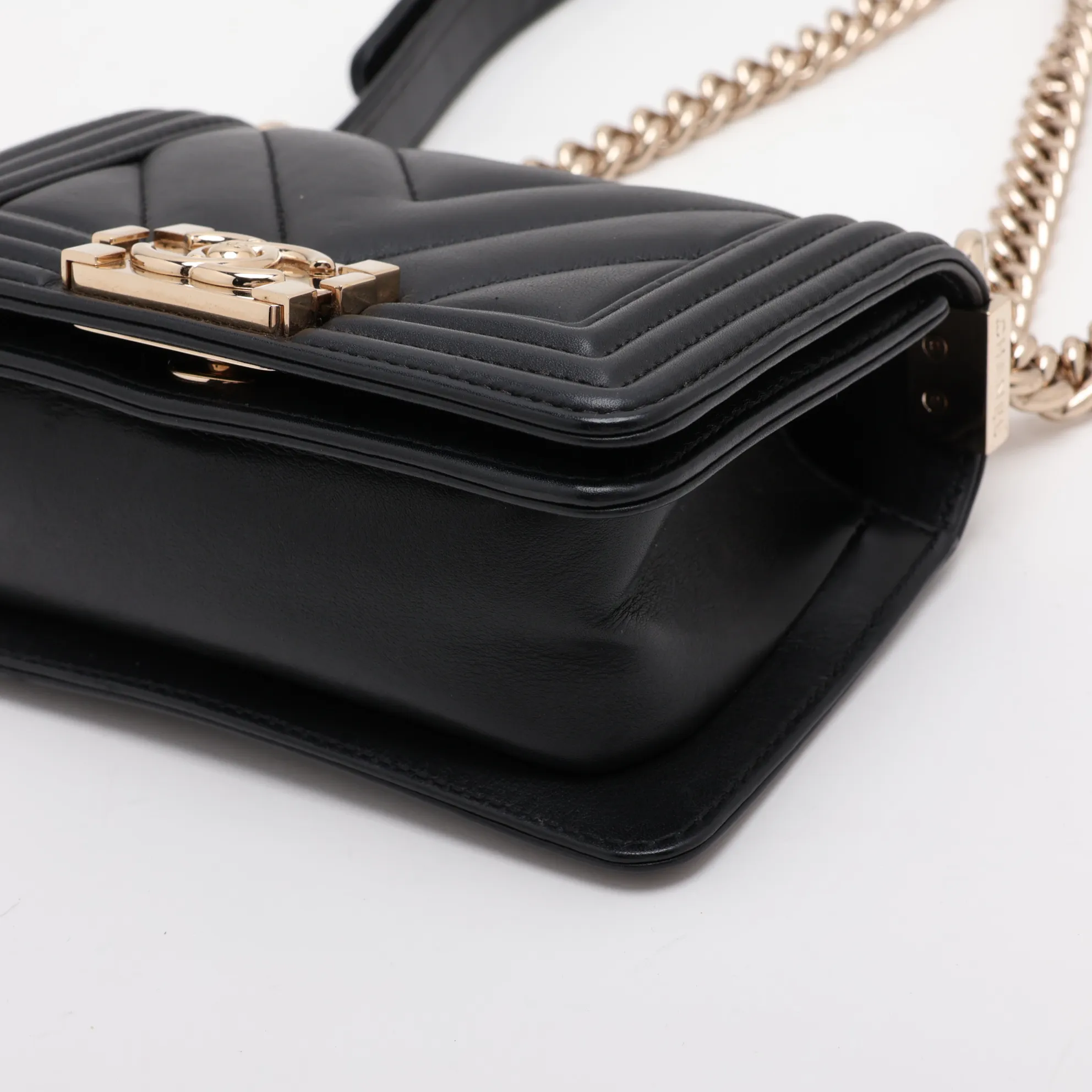 Mini Boy Chanel Leather Chain Shoulder Bag Chevron V-stitch Black Gold Hardware C8CHU908 Random Plate — view 3