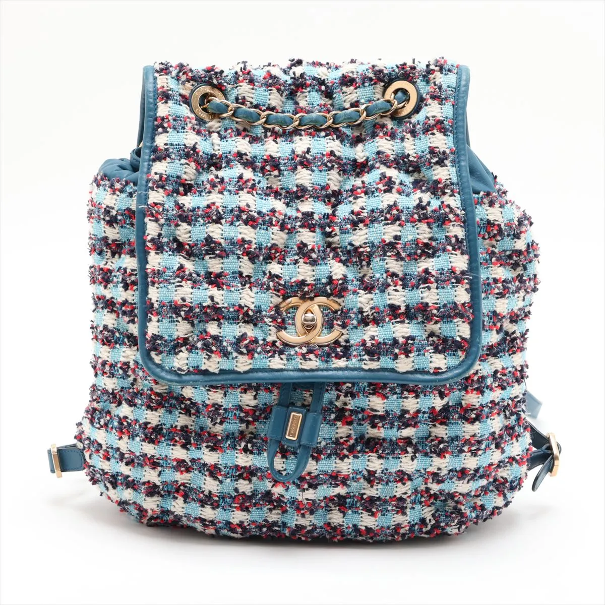 Coco Mark Tweed x Leather Chain Backpack, Blue with Gold Hardware, 23836265 (Serial Number ), Pouch Discolored.