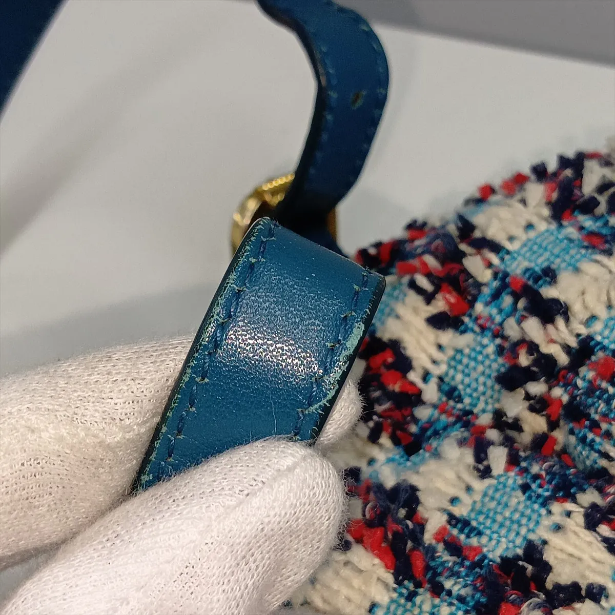 Coco Mark Tweed x Leather Chain Backpack, Blue with Gold Hardware, 23836265 (Serial Number ), Pouch Discolored. — view 12
