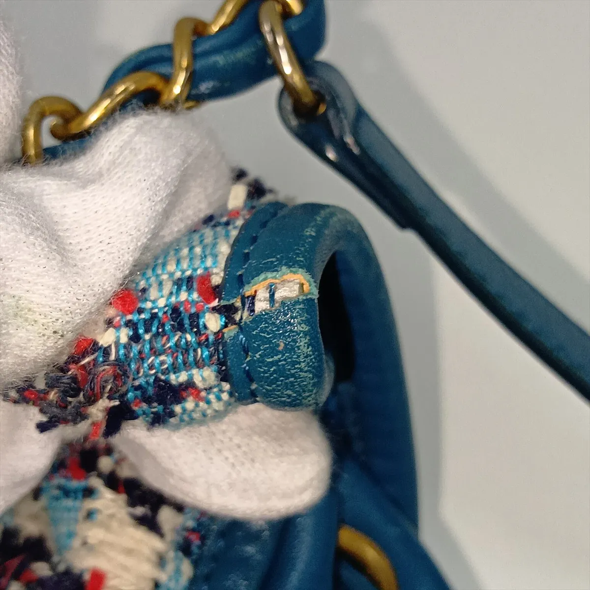 Coco Mark Tweed x Leather Chain Backpack, Blue with Gold Hardware, 23836265 (Serial Number ), Pouch Discolored. — view 15