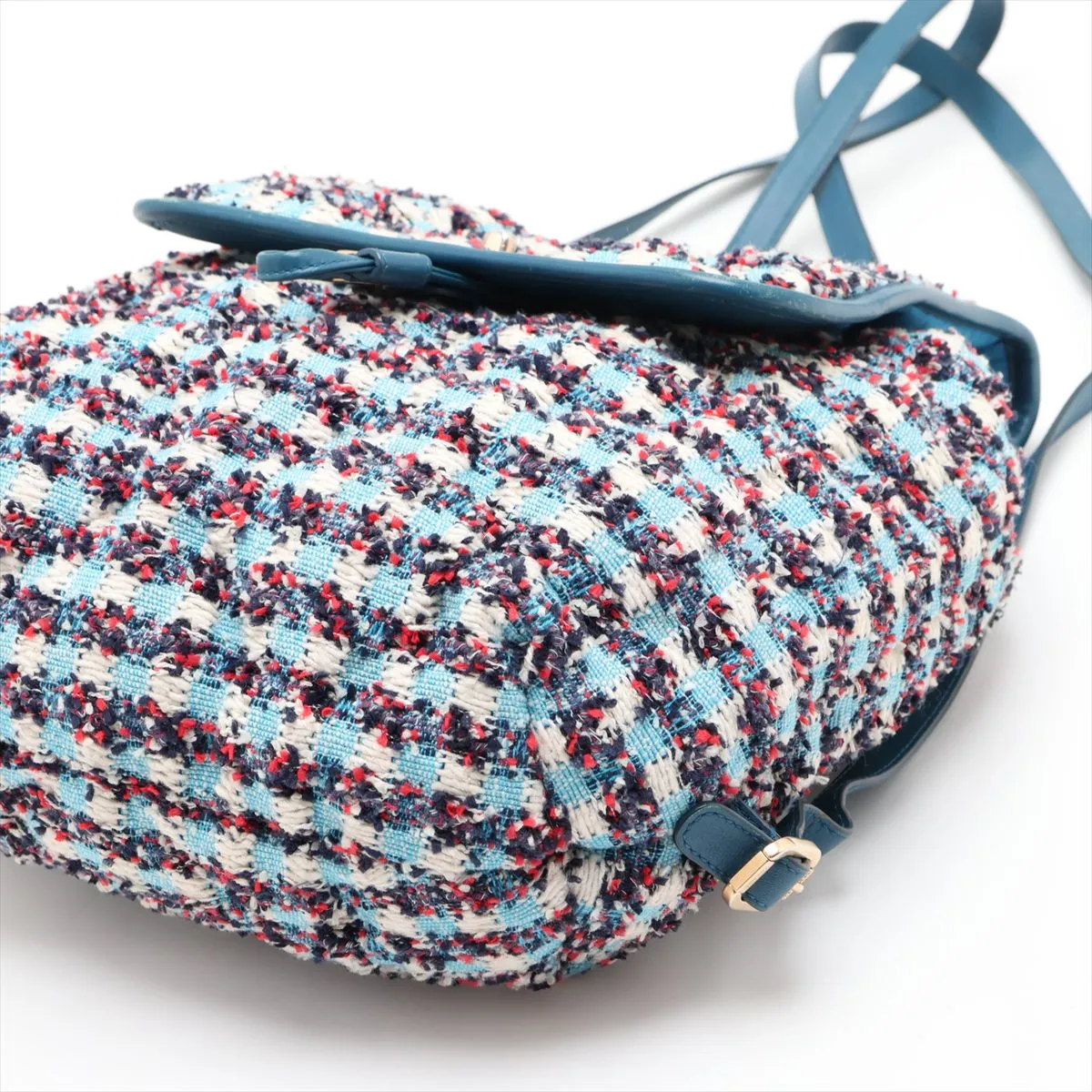 Coco Mark Tweed x Leather Chain Backpack, Blue with Gold Hardware, 23836265 (Serial Number ), Pouch Discolored. — view 3