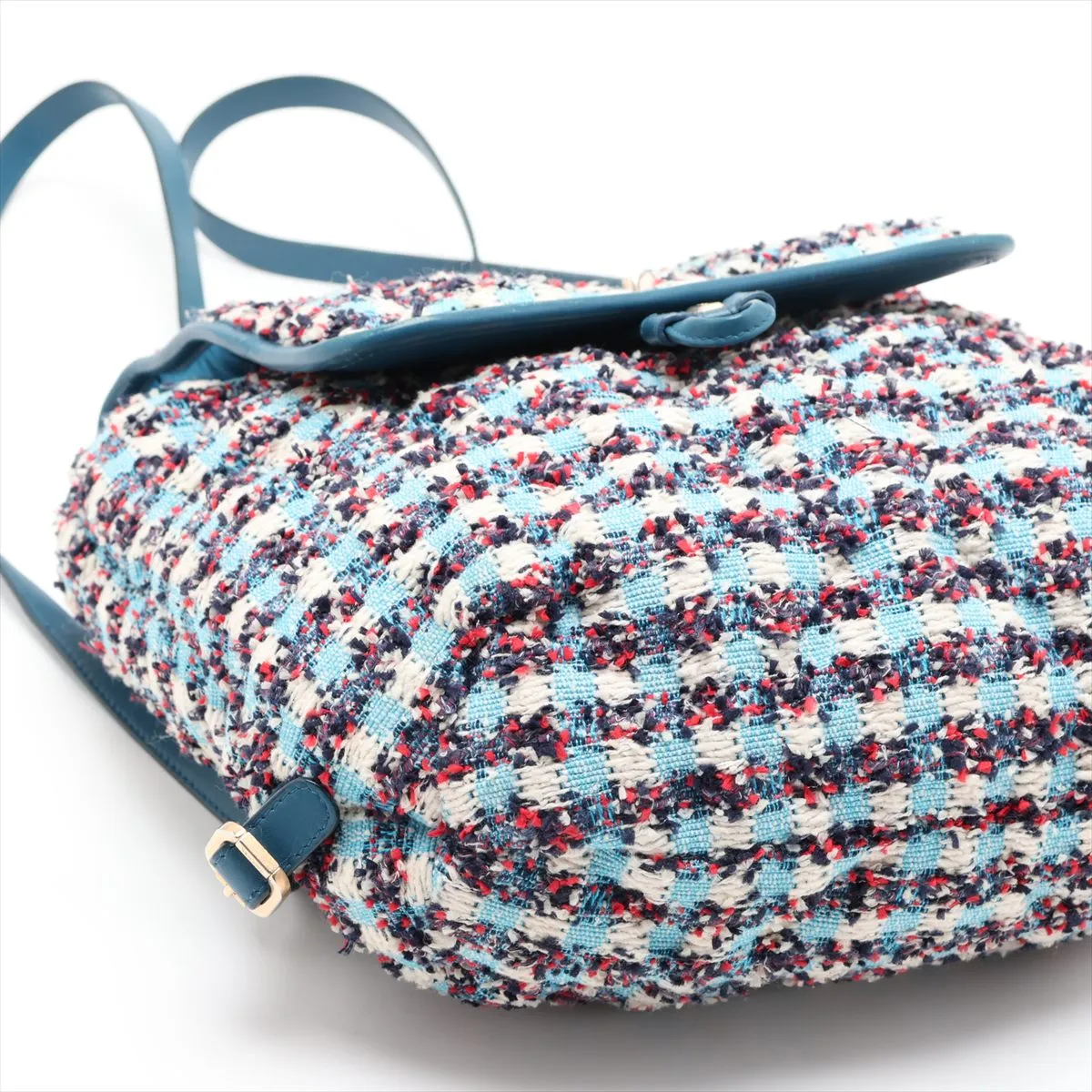 Coco Mark Tweed x Leather Chain Backpack, Blue with Gold Hardware, 23836265 (Serial Number ), Pouch Discolored. — view 4