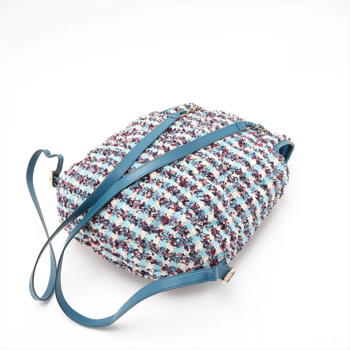 Coco Mark Tweed x Leather Chain Backpack, Blue with Gold Hardware, 23836265 (Serial Number ), Pouch Discolored. — view 5