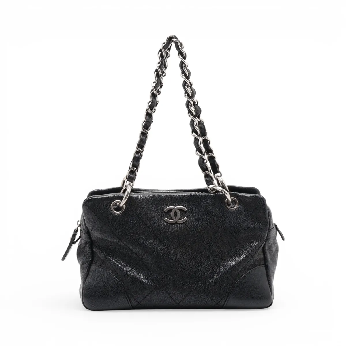 Matelassé Caviar Skin Chain Shoulder Bag, Black with Silver Hardware, 10827043 (Serial Number in the 10s)