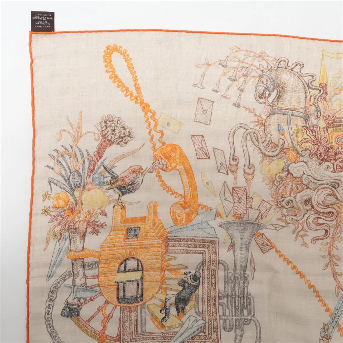 Carre Geant LE MONDE D’HERMES scarf, cashmere x silk, beige x orange, some wear, — view 2