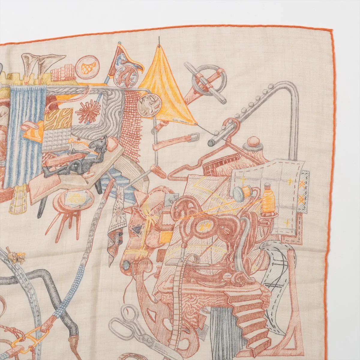 Carre Geant LE MONDE D’HERMES scarf, cashmere x silk, beige x orange, some wear, — view 3