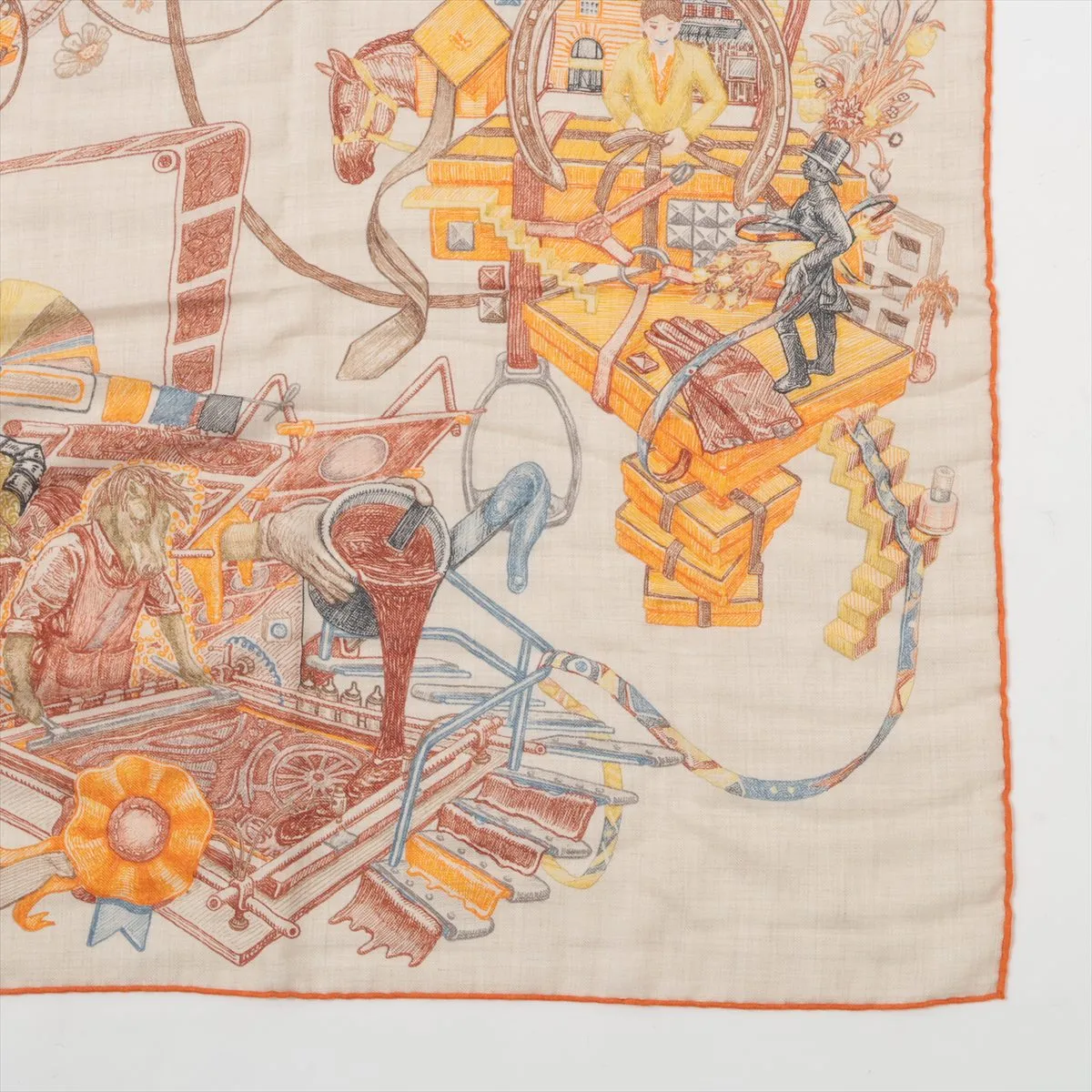 Carre Geant LE MONDE D’HERMES scarf, cashmere x silk, beige x orange, some wear, — view 4