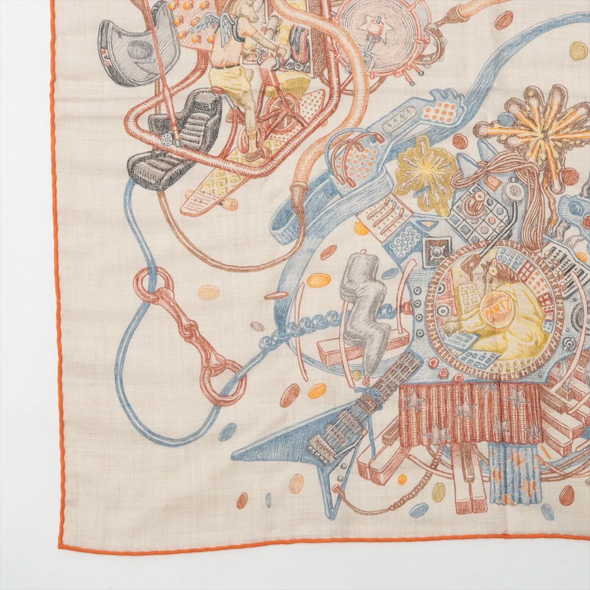 Carre Geant LE MONDE D’HERMES scarf, cashmere x silk, beige x orange, some wear, — view 5
