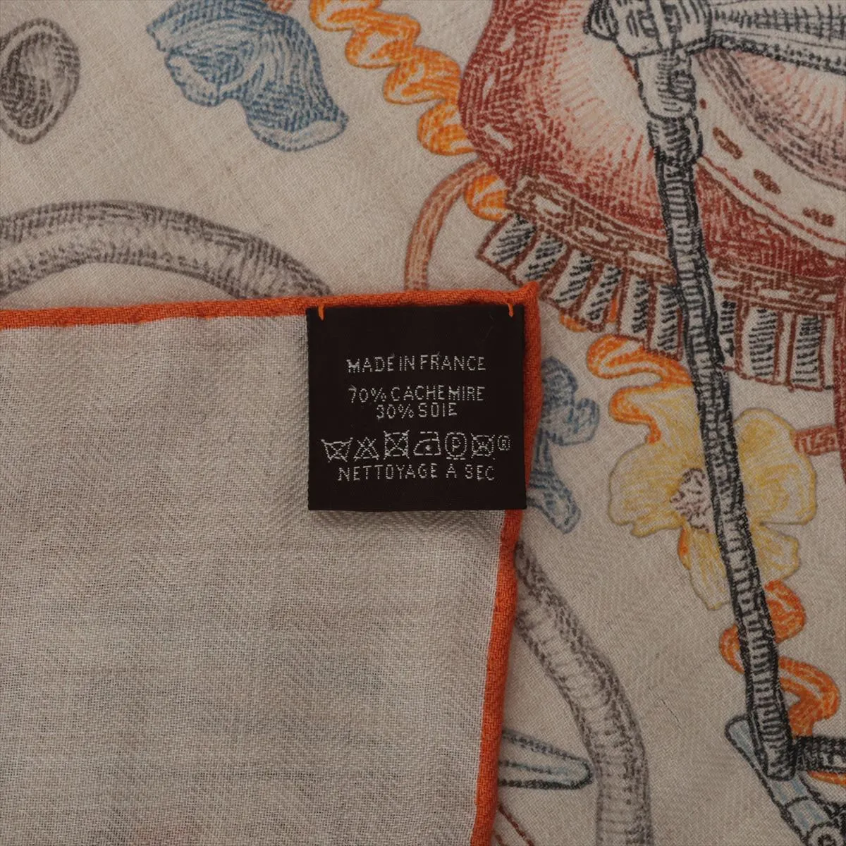 Carre Geant LE MONDE D’HERMES scarf, cashmere x silk, beige x orange, some wear, — view 6
