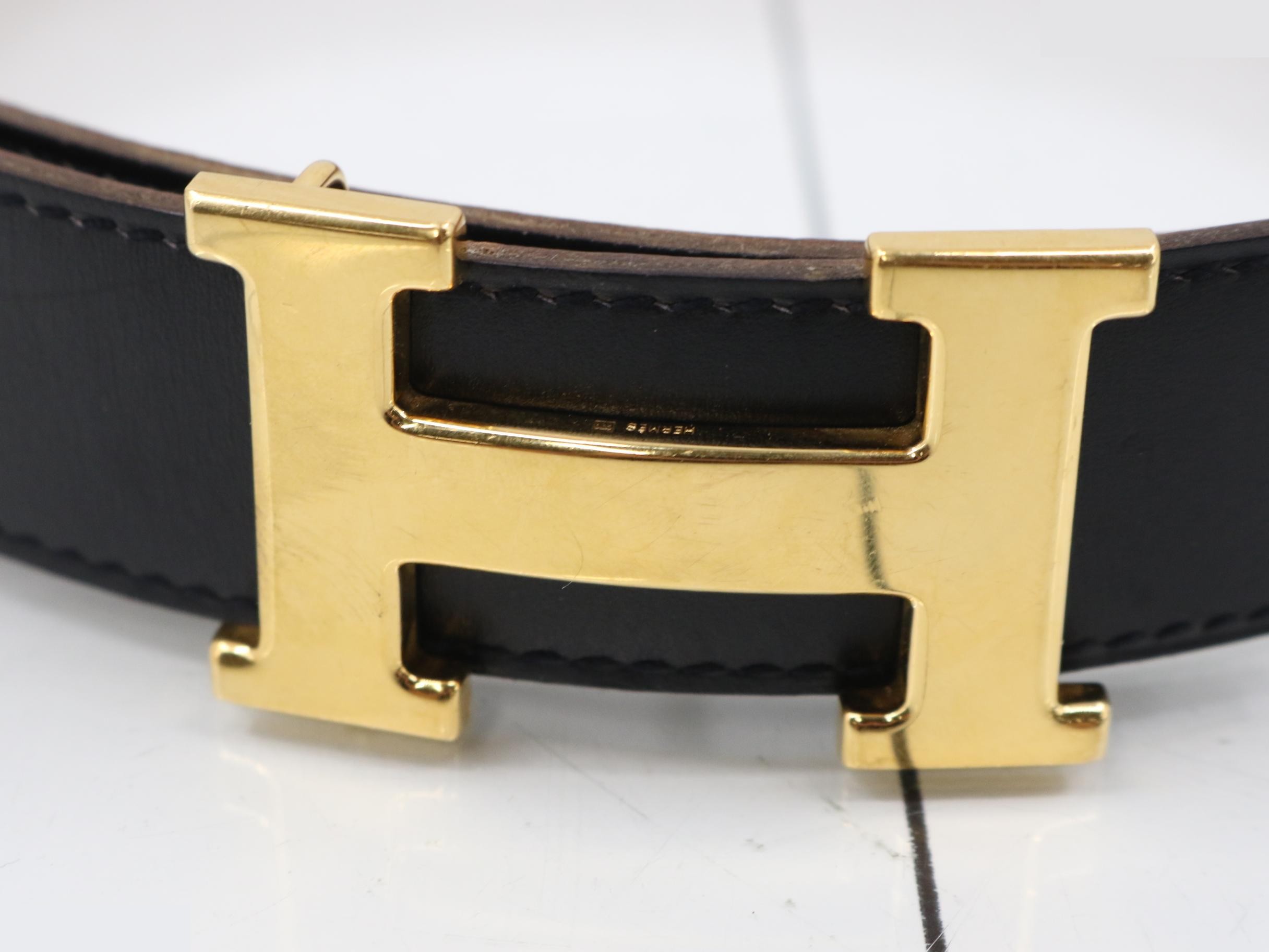 Constance Reversible Belt, Gold Hardware, Black/Brown, Size 75 E — view 3