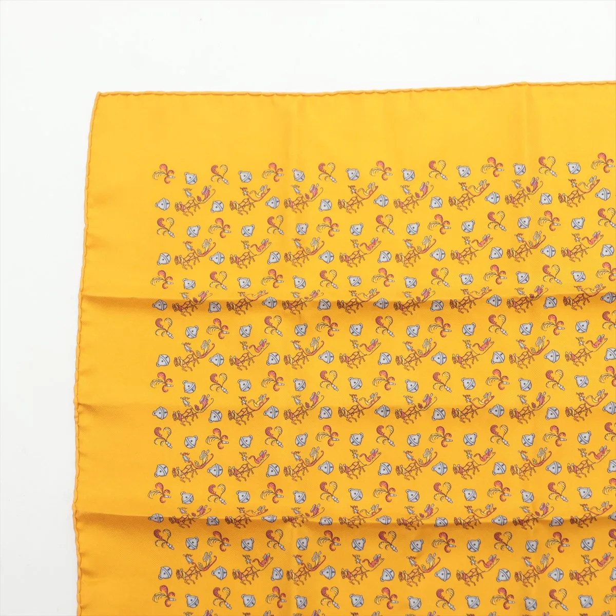 Petit Carré Scarf, Silk, Yellow, Slight wear, Slubs, Horse and Bell design — view 2
