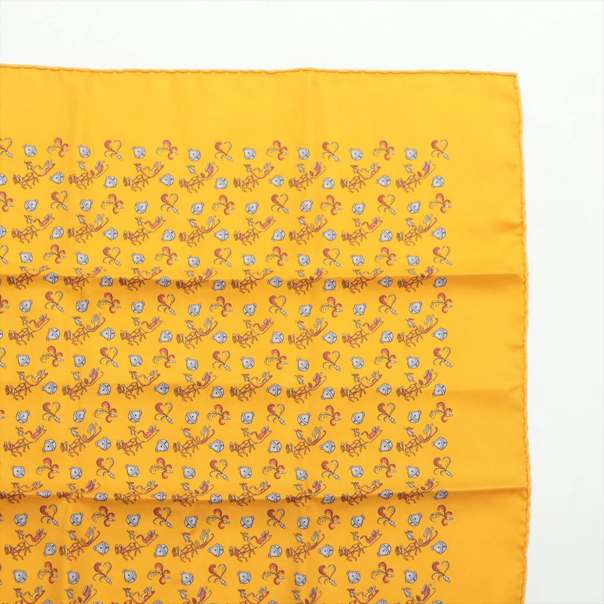 Petit Carré Scarf, Silk, Yellow, Slight wear, Slubs, Horse and Bell design — view 3