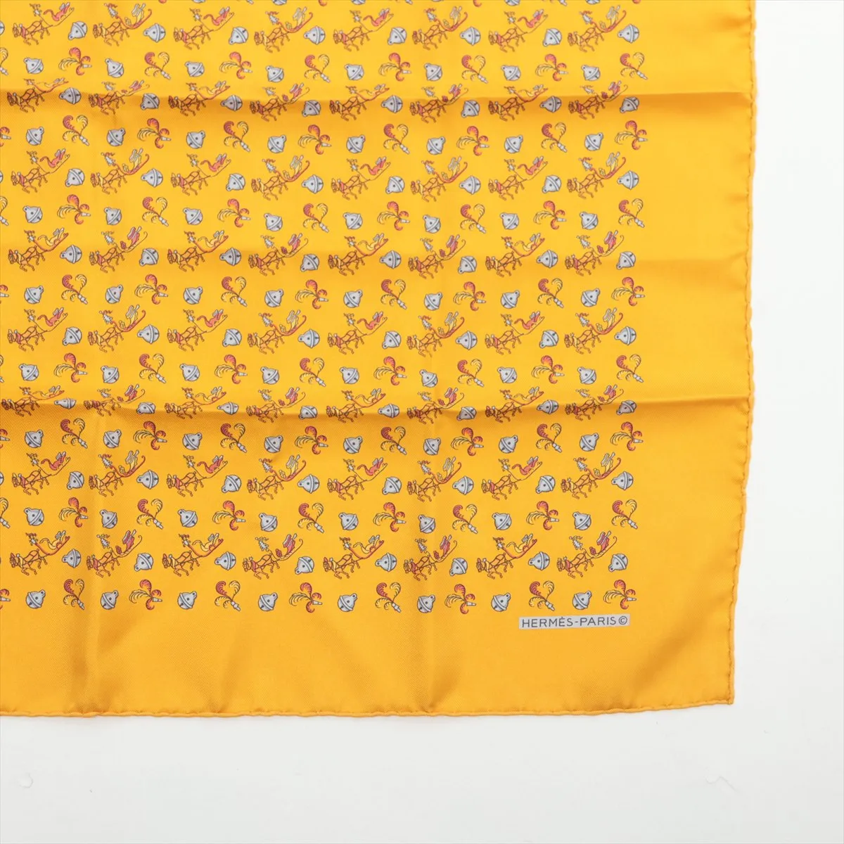 Petit Carré Scarf, Silk, Yellow, Slight wear, Slubs, Horse and Bell design — view 4