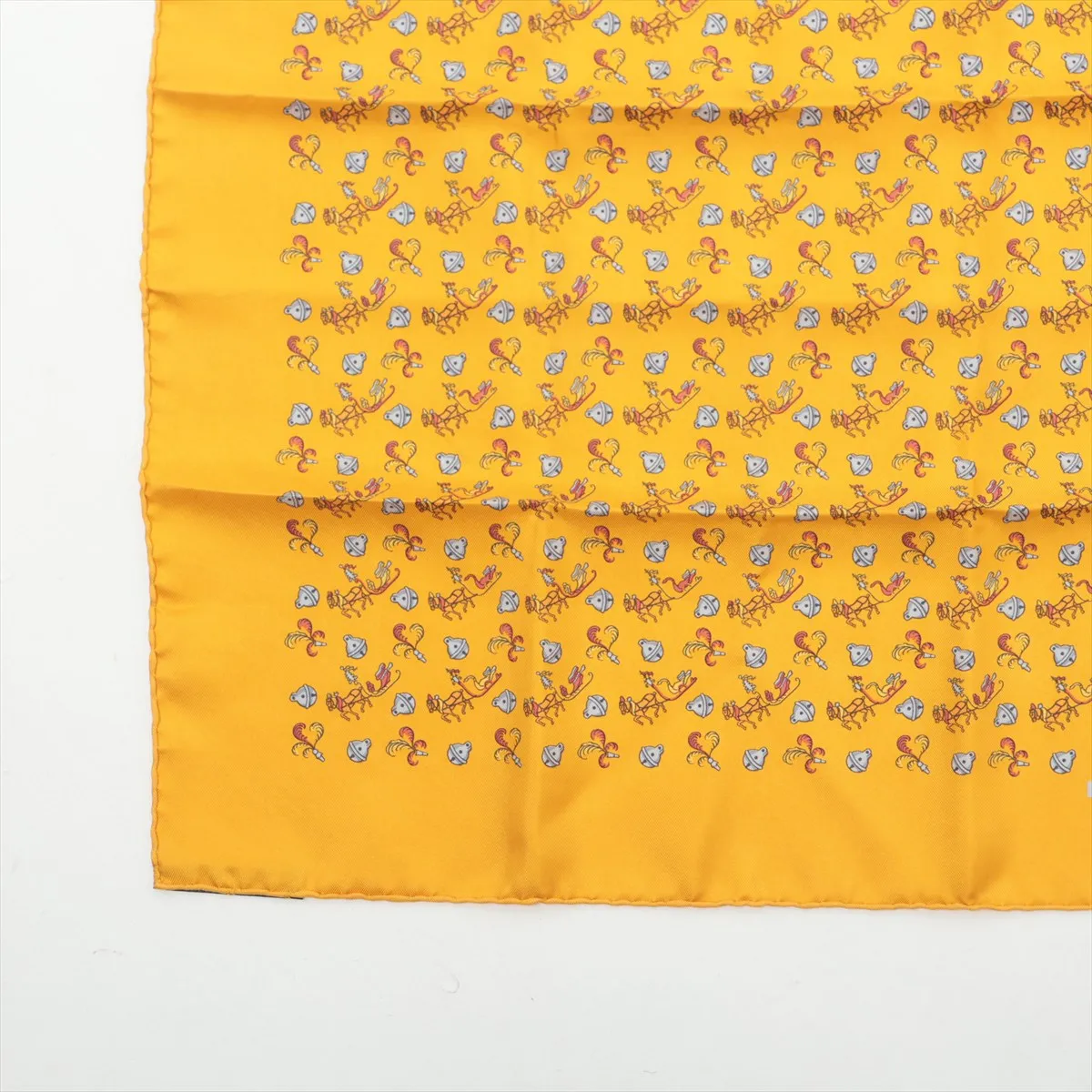 Petit Carré Scarf, Silk, Yellow, Slight wear, Slubs, Horse and Bell design — view 5