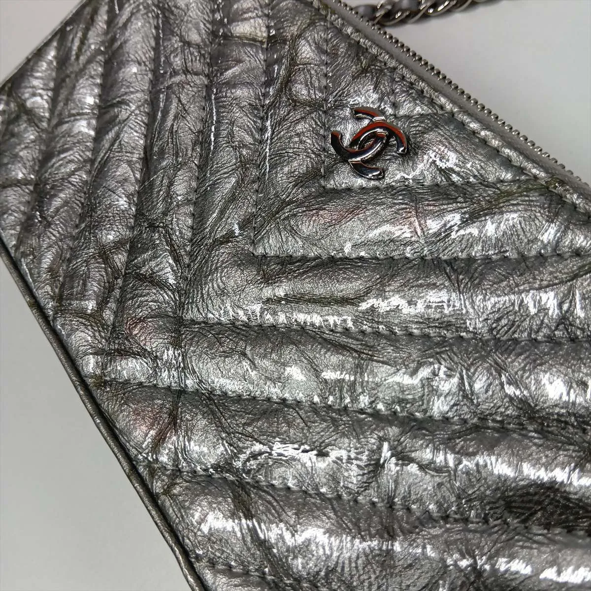Chevron Patent Leather Chain Shoulder Bag, Silver, Silver Hardware, 25929703, Serial Number 25 — view 11