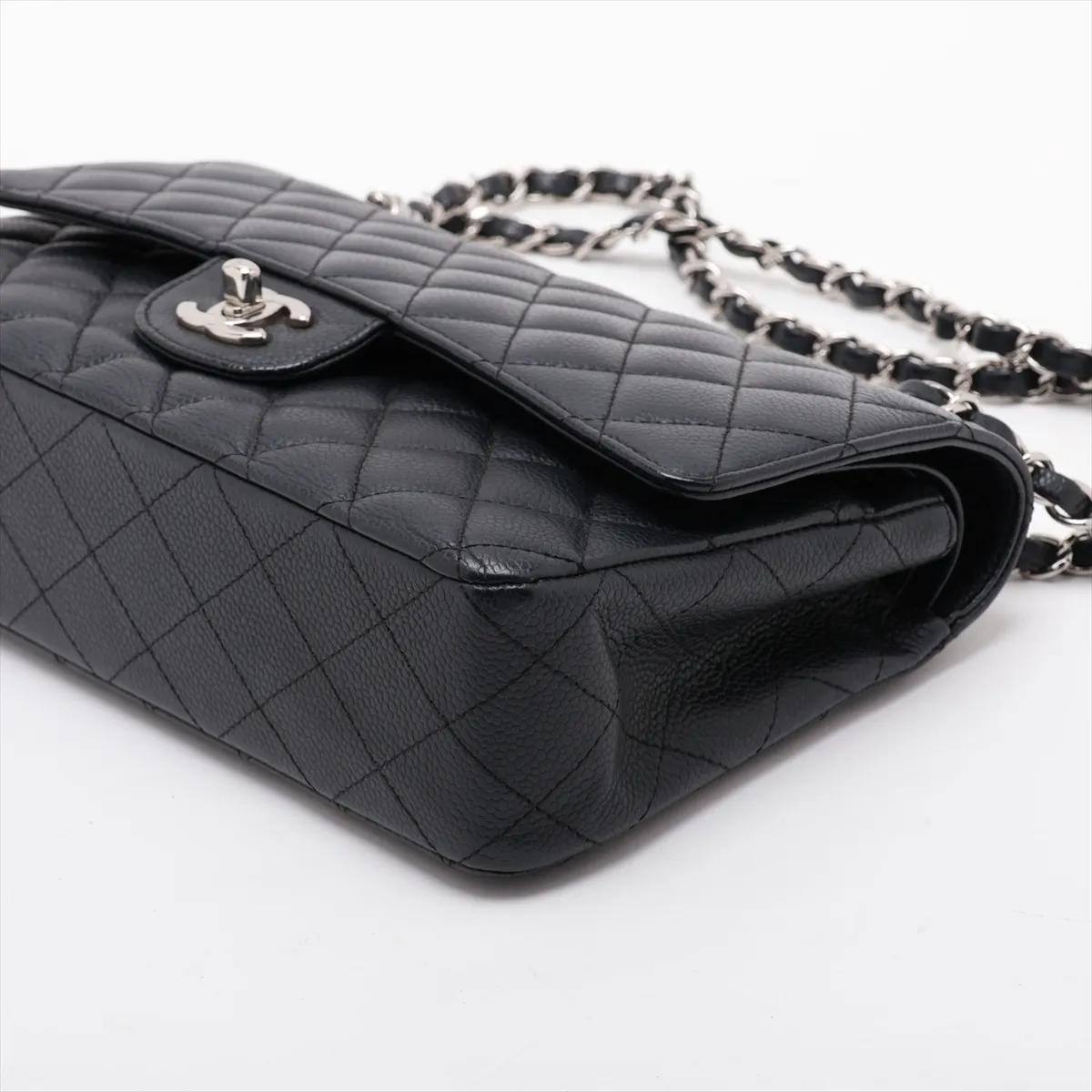 [Individually packaged] Chanel Matelassé 25 Caviar Skin Double Flap Double Chain Bag, Black with Silver Hardware, 12020760, Series 12, A01112 — view 3