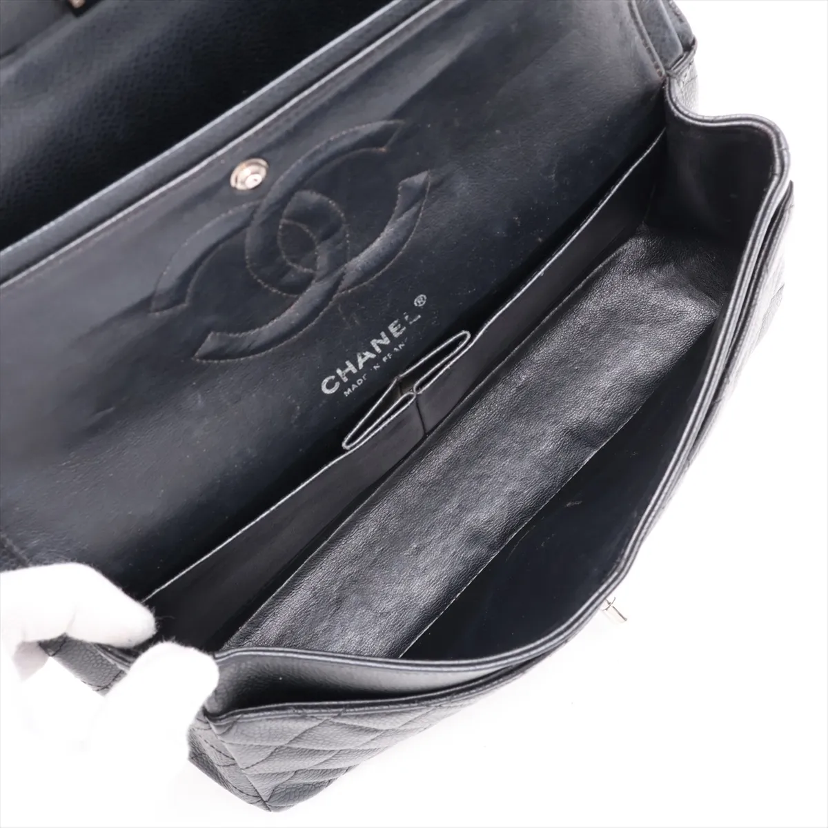 [Individually packaged] Chanel Matelassé 25 Caviar Skin Double Flap Double Chain Bag, Black with Silver Hardware, 12020760, Series 12, A01112 — view 7