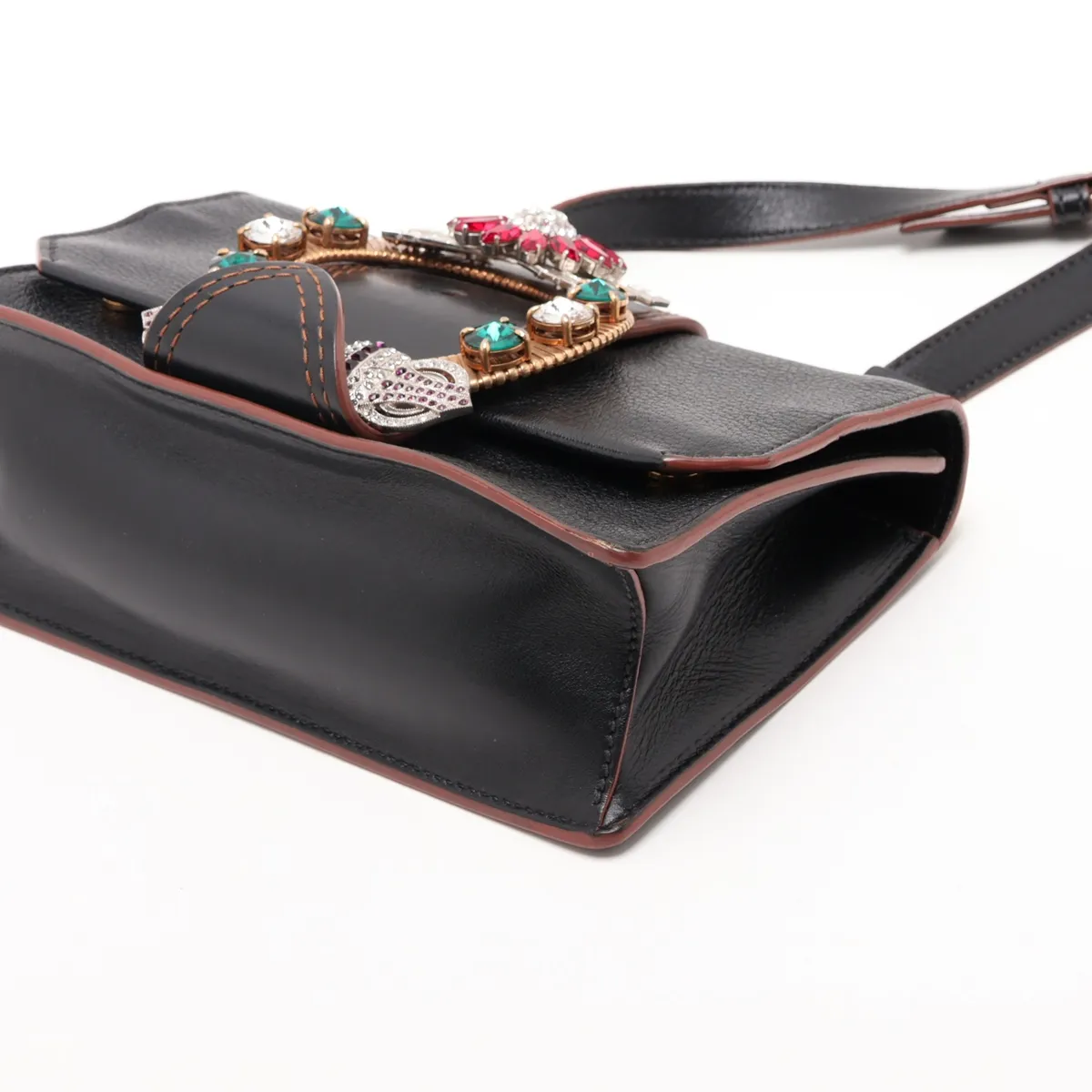 Lady Madras Leather x Rhinestone Shoulder Bag, Black — view 3