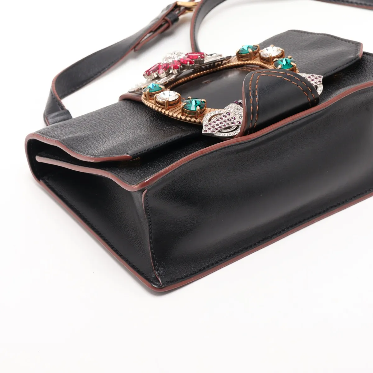Lady Madras Leather x Rhinestone Shoulder Bag, Black — view 4