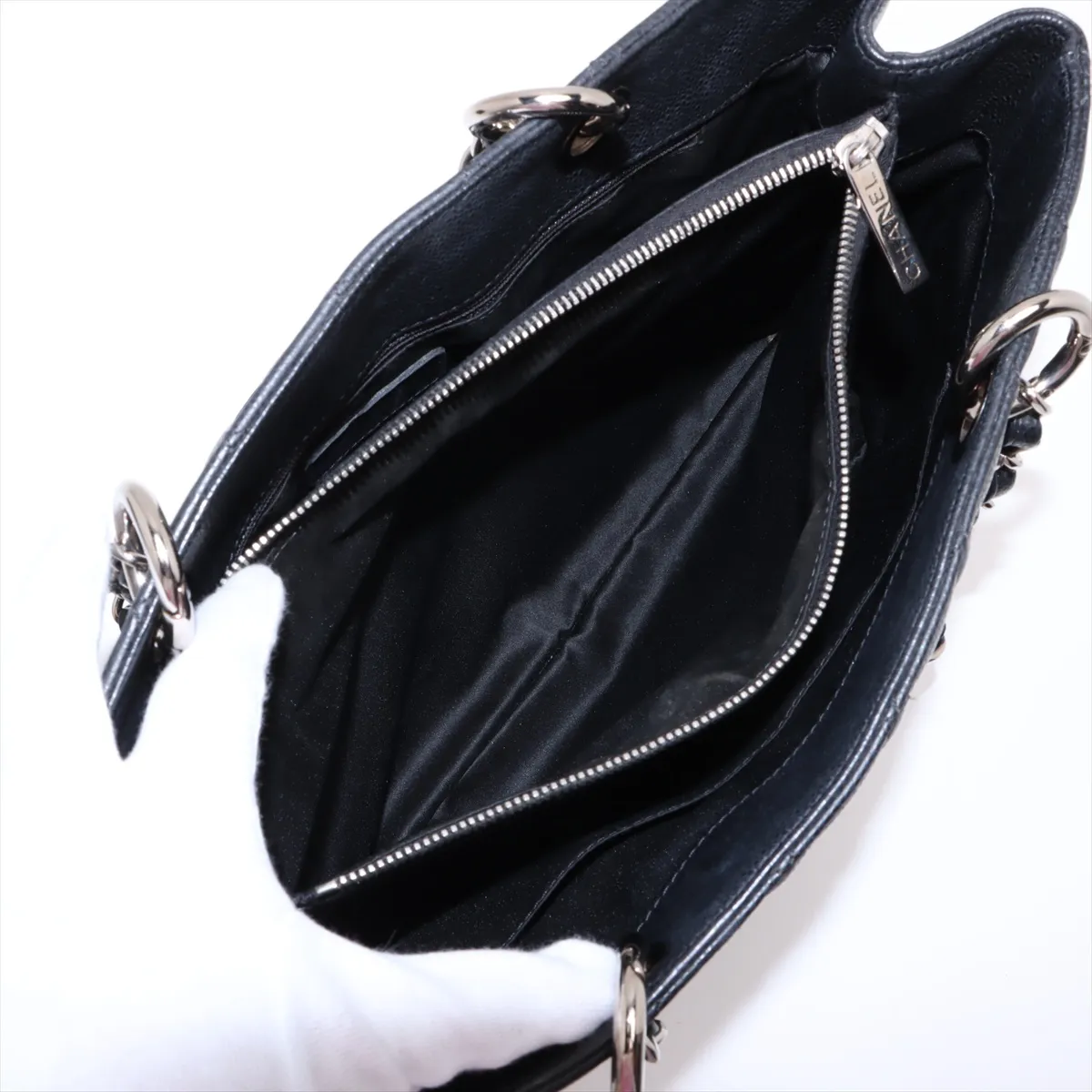 GST Caviar Skin Chain Tote Bag, Black with Silver Hardware, 13555207, serial number in the 13 range. — view 9