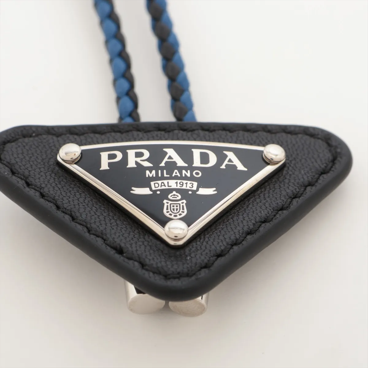 Triangle Logo Loop Tie, Leather, Black x Blue, with some wear and tear. — view 3