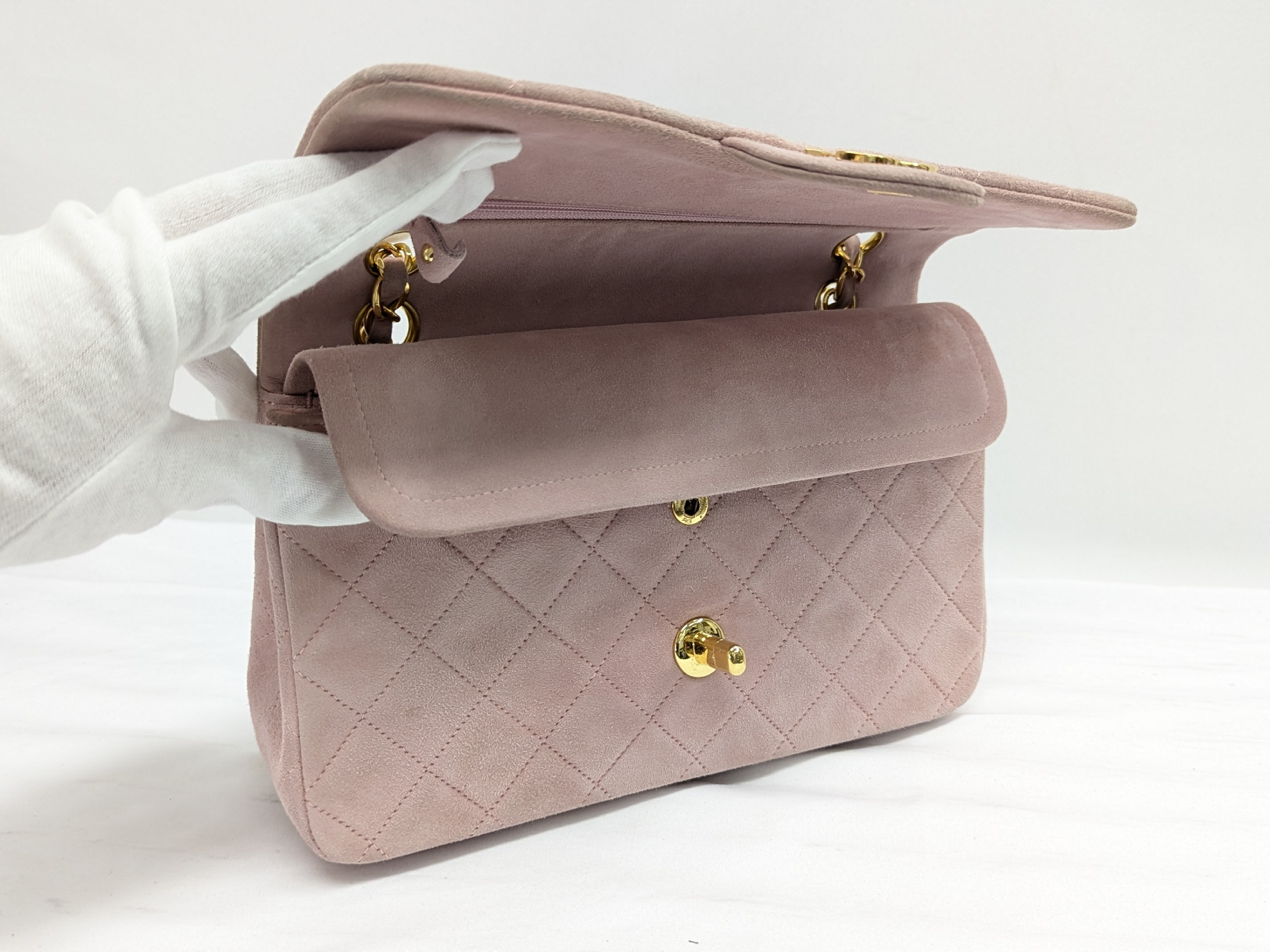 Suede Double Flap Shoulder Bag, Size 23, Pink, Series 2 — view 9