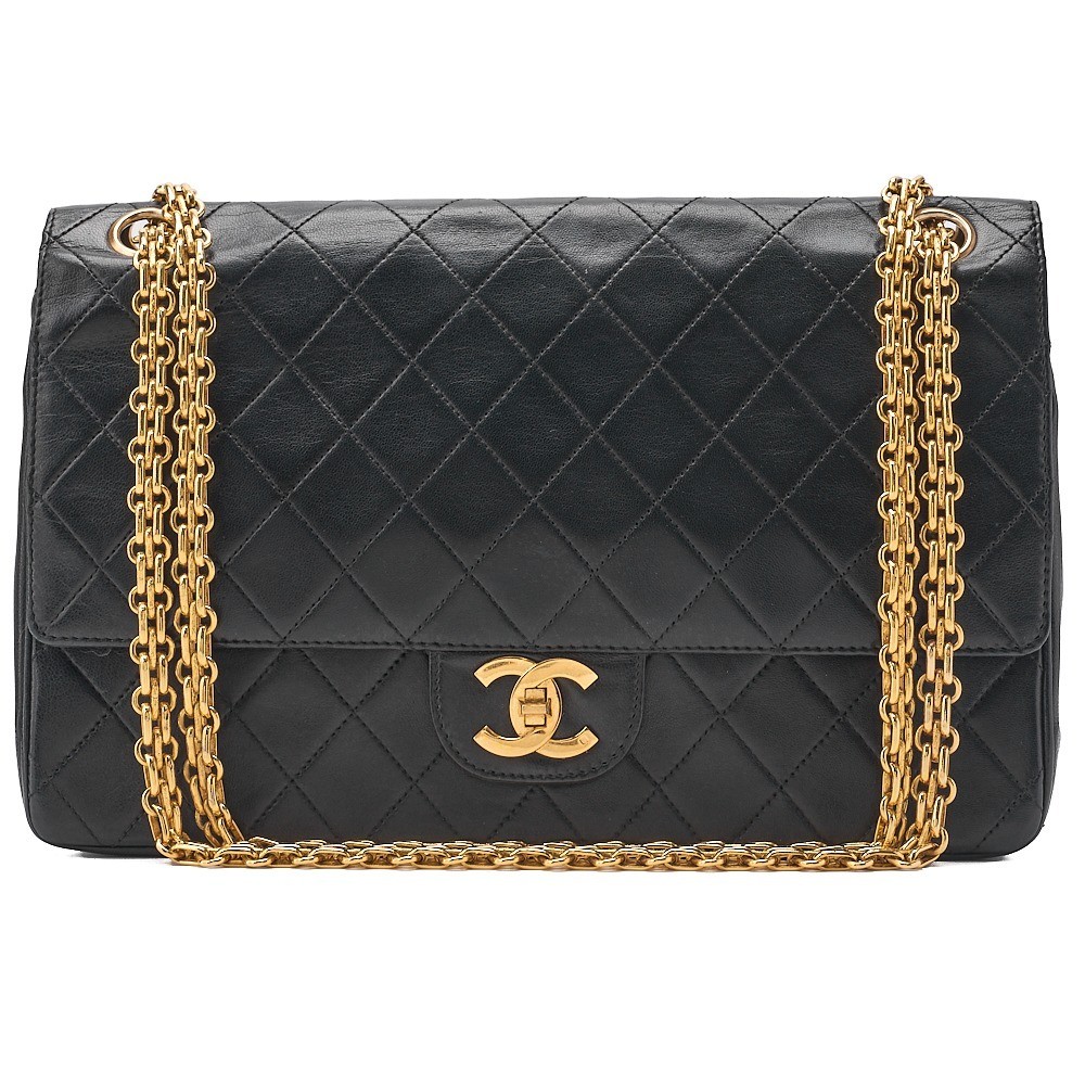 Lambskin Matelassé 25cm Double Straight Flap Chain Shoulder Bag, Black