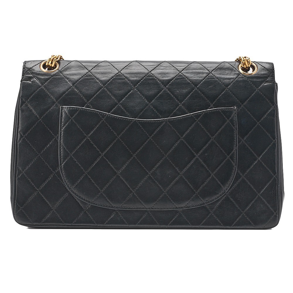 Lambskin Matelassé 25cm Double Straight Flap Chain Shoulder Bag, Black — view 2