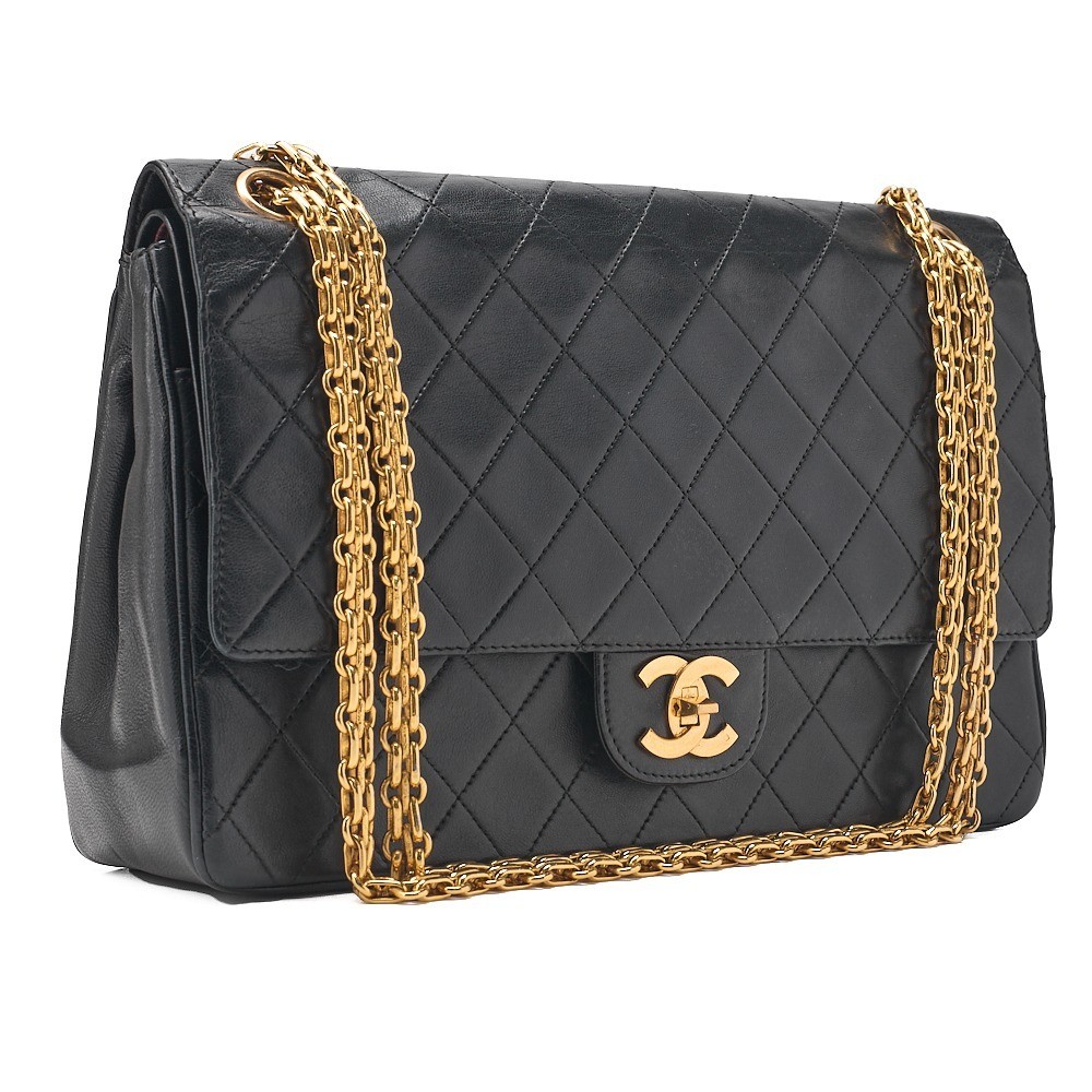 Lambskin Matelassé 25cm Double Straight Flap Chain Shoulder Bag, Black — view 3