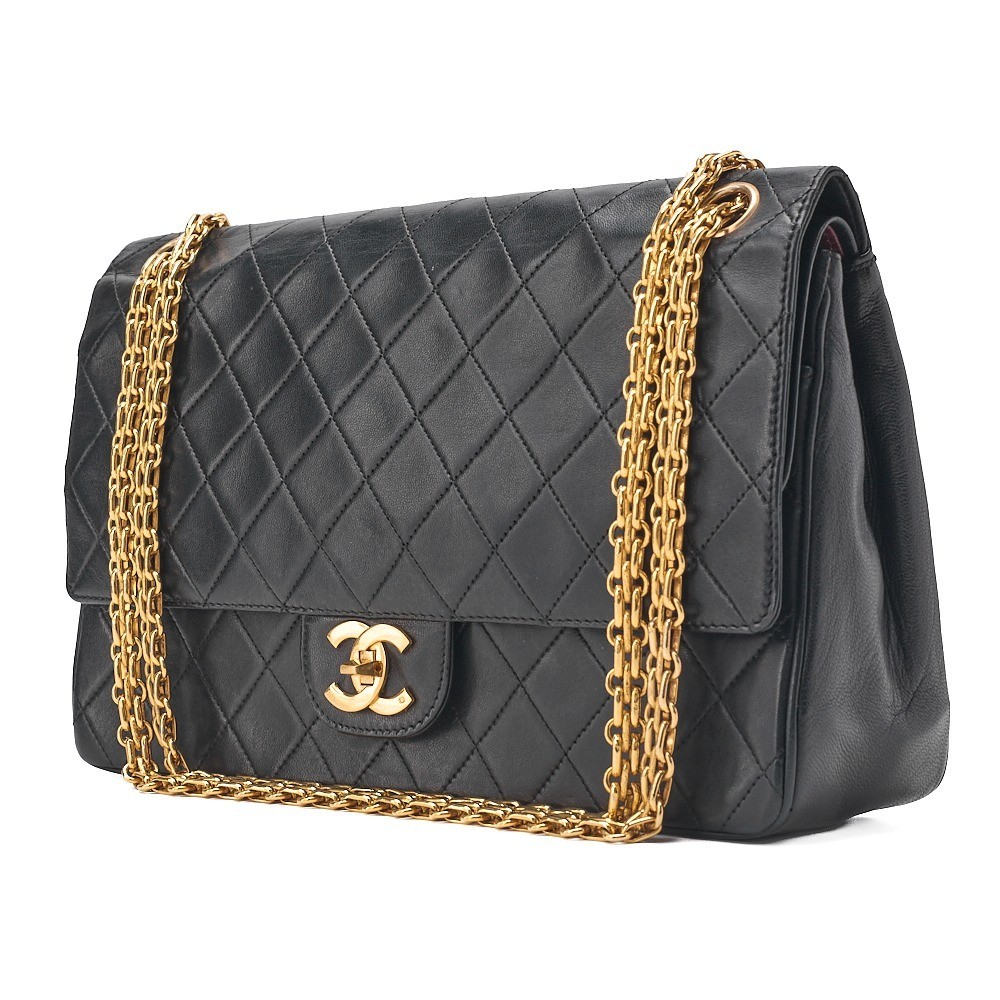 Lambskin Matelassé 25cm Double Straight Flap Chain Shoulder Bag, Black — view 4