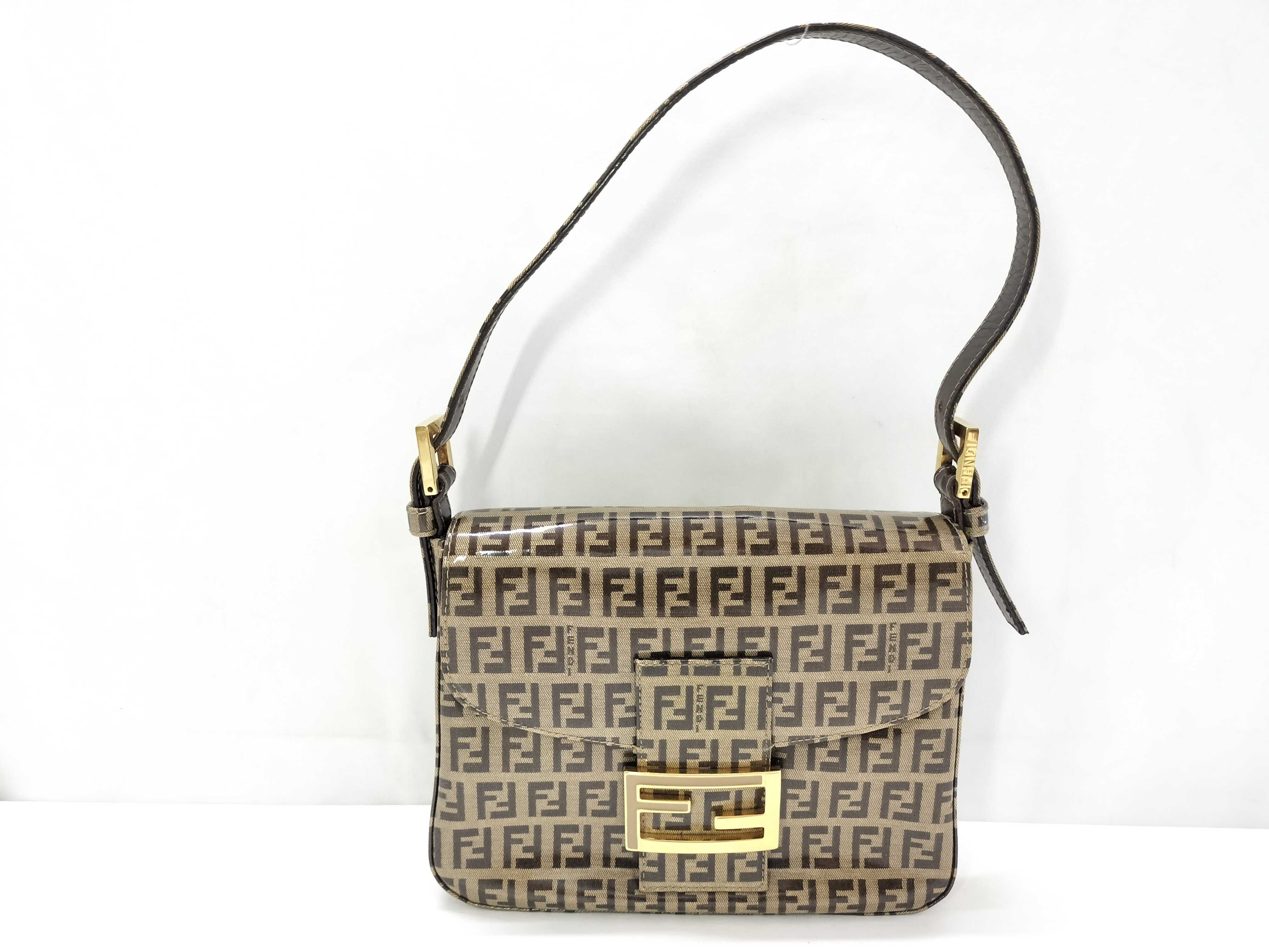 Zucca pattern Fendi Zucchino PVC coated canvas one-shoulder bag Beige x Brown Gold hardware FF logo Shoulder bag