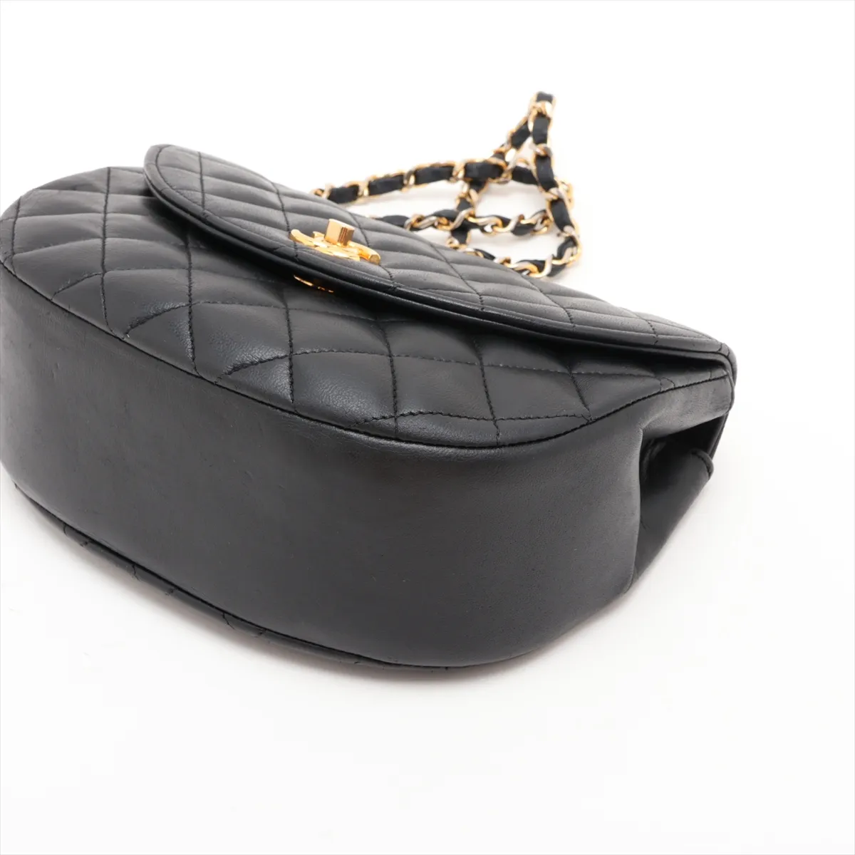 Matelassé Lambskin Single Flap Single Chain Bag, Half Moon Design, Black with Gold Hardware — view 3