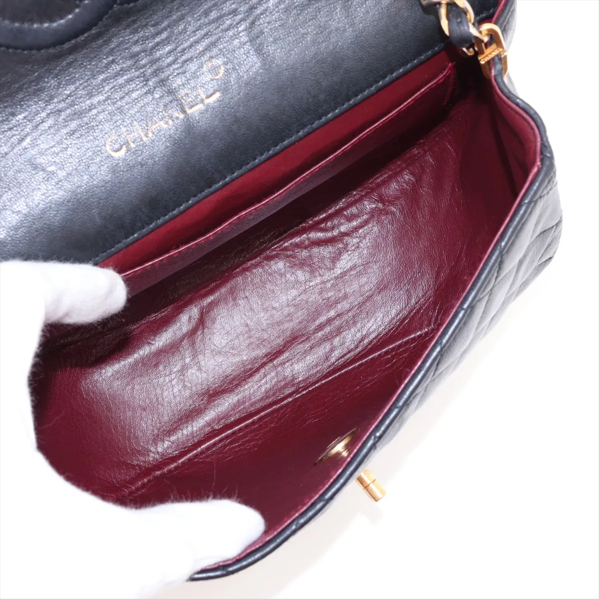 Matelassé Lambskin Single Flap Single Chain Bag, Half Moon Design, Black with Gold Hardware — view 6