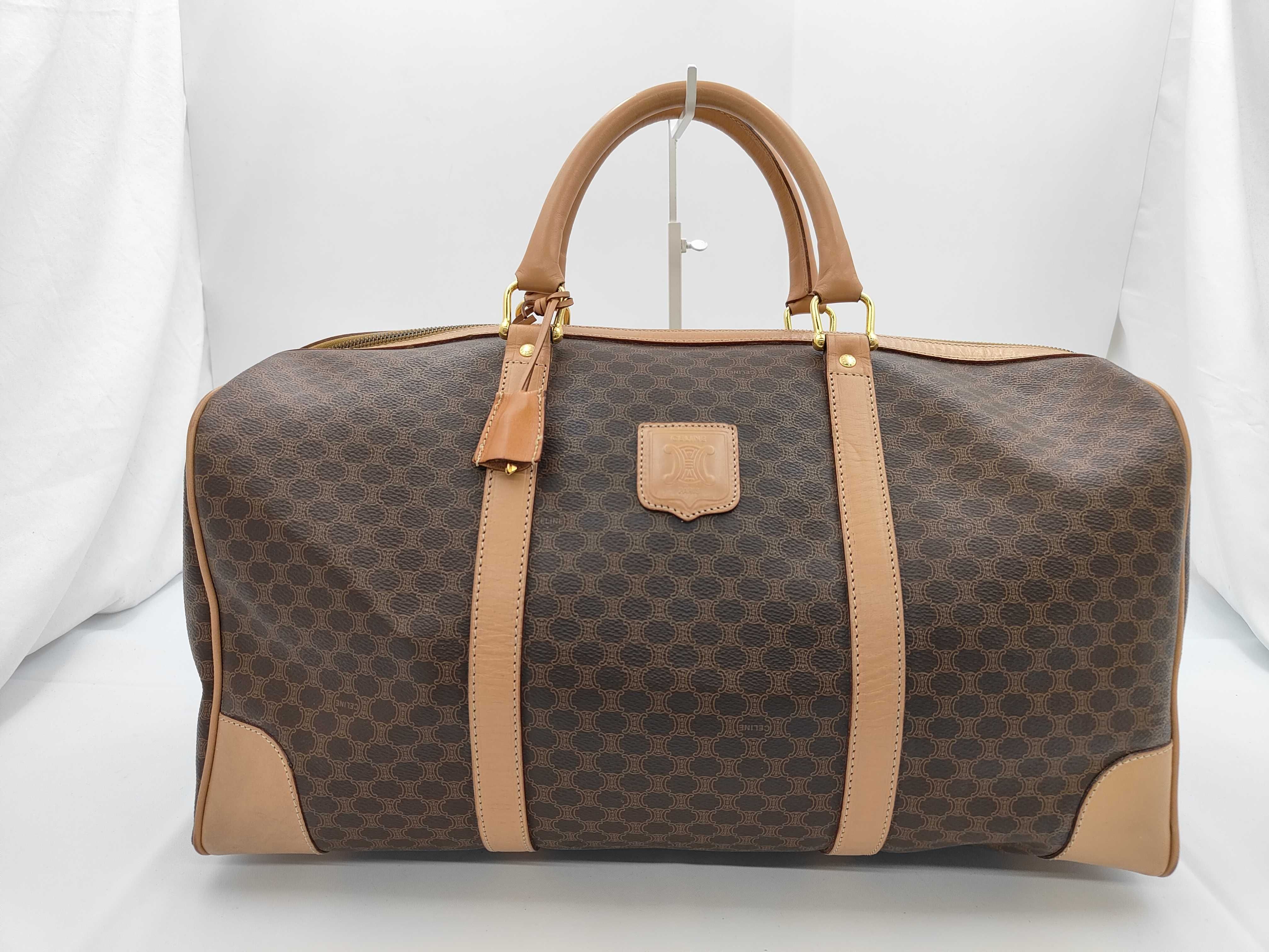 PVC Macadam Boston Bag, Brown, Gold Hardware, with Padlock, 2 Keys, and Clochette.