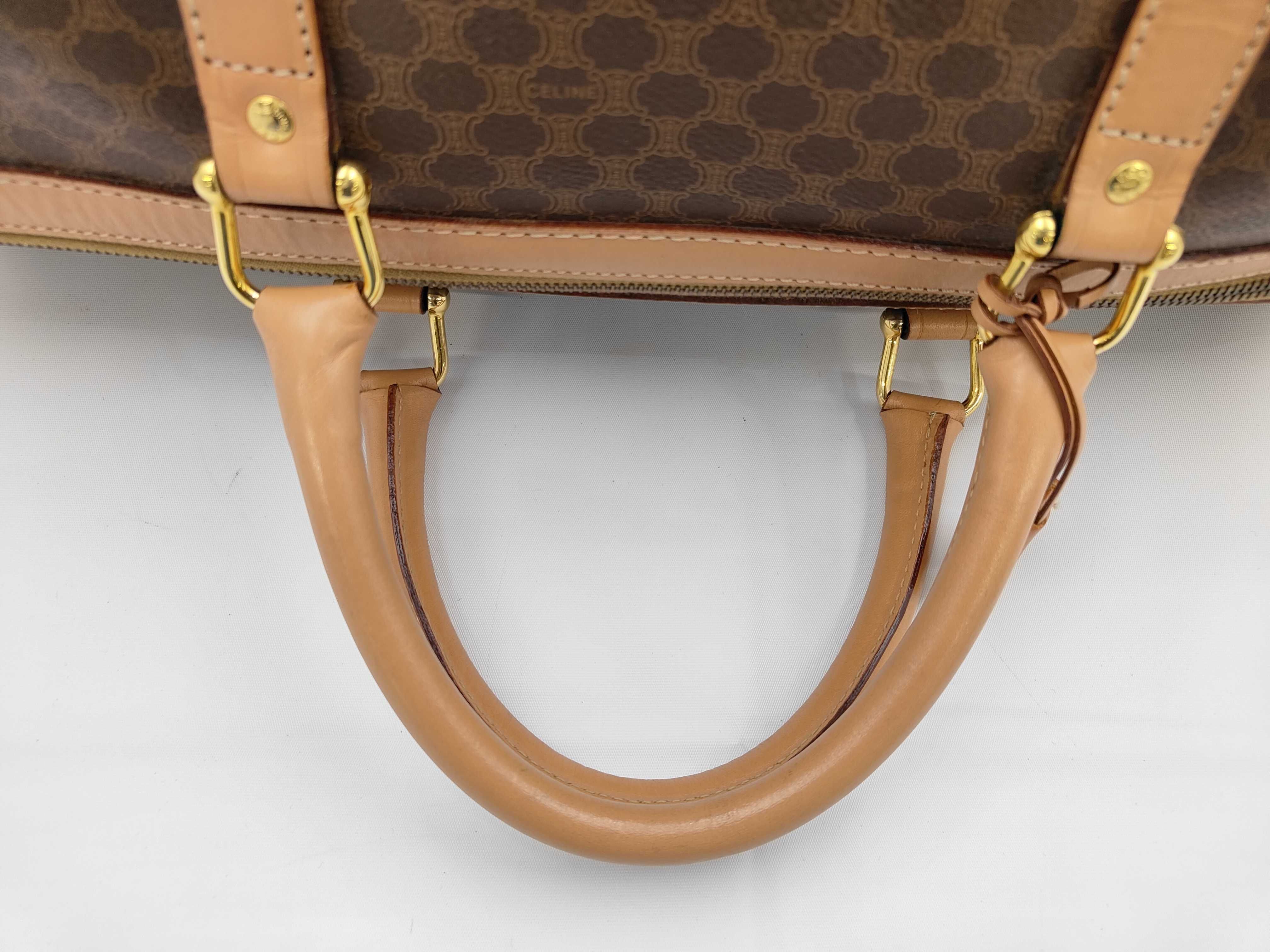 PVC Macadam Boston Bag, Brown, Gold Hardware, with Padlock, 2 Keys, and Clochette. — view 3