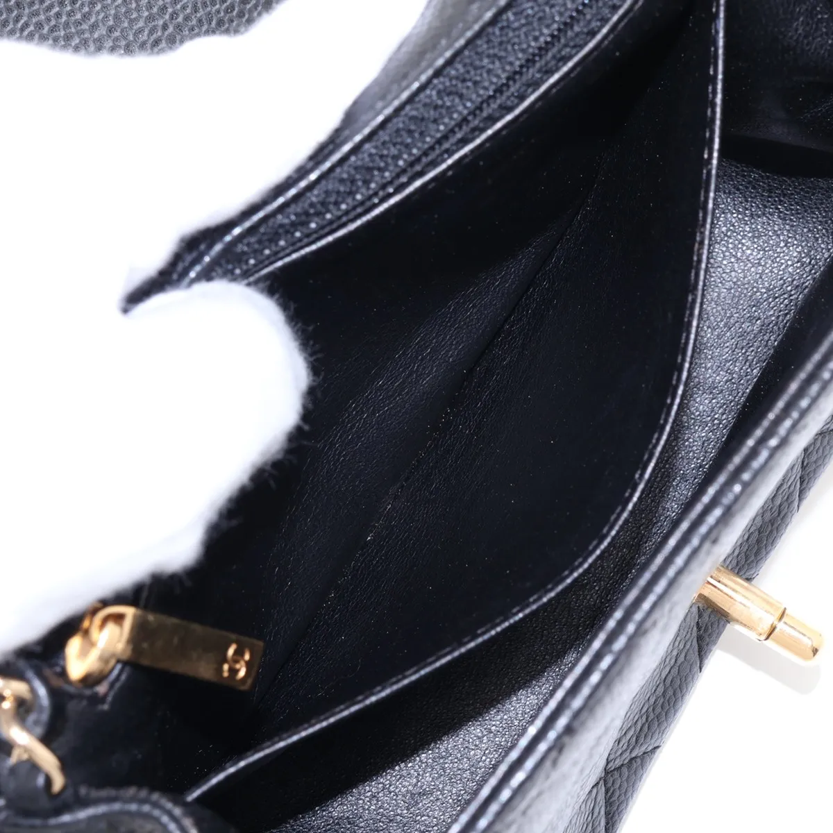Mini Matelassé 17 Caviar Skin Single Flap Single Chain Bag, Black with Gold Hardware, 12038823, Serial Number 12, A35200 — view 8