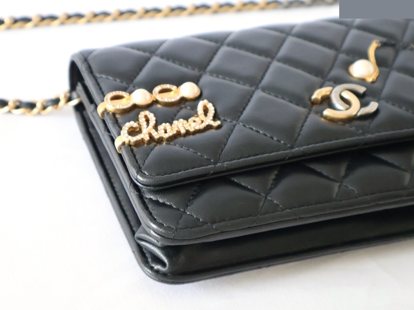 Matelassé Lambskin Chain Wallet Shoulder Bag, Black — view 3