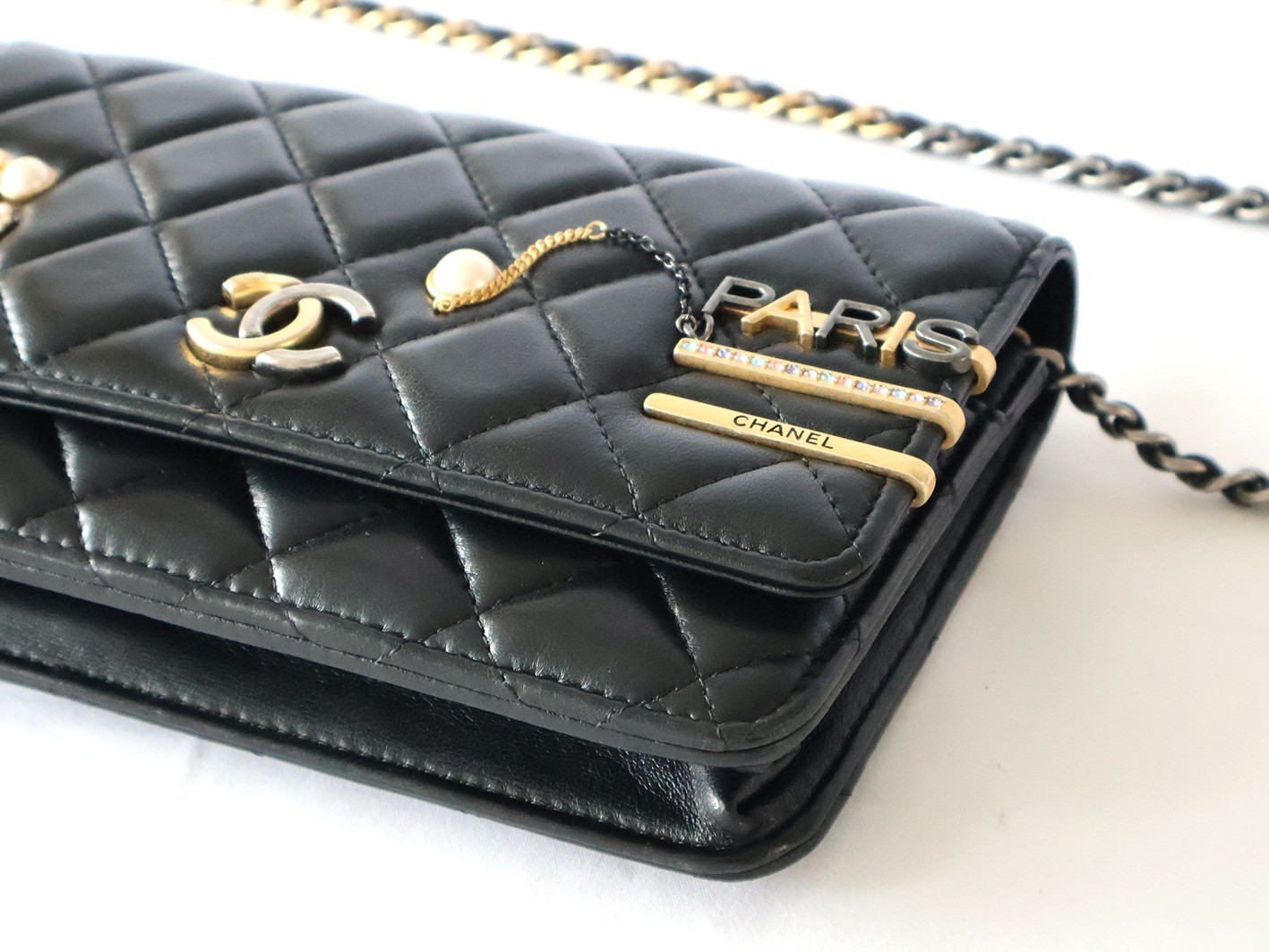Matelassé Lambskin Chain Wallet Shoulder Bag, Black — view 4
