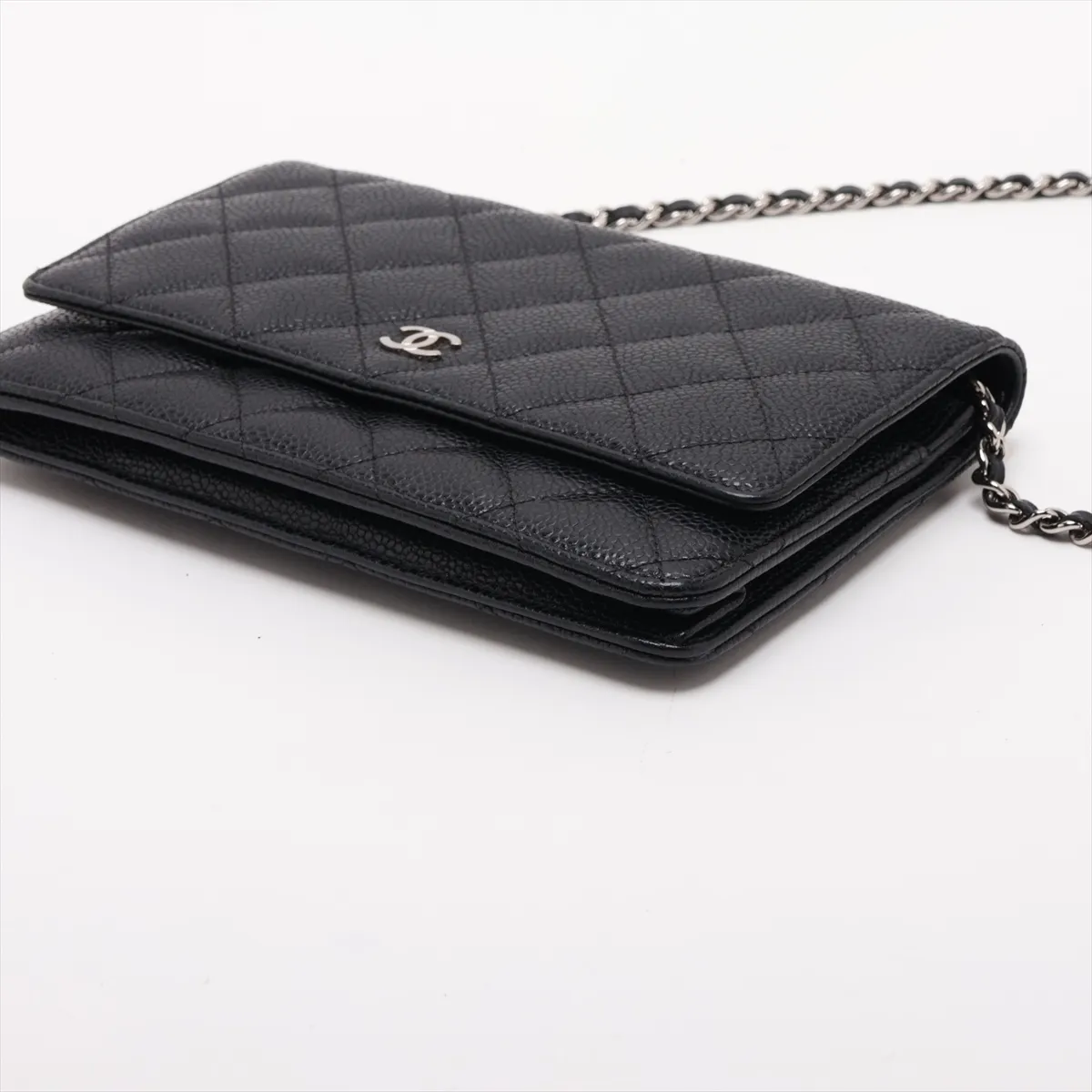 Matelassé Caviar Skin Chain Wallet, Black with Silver Hardware, 22636050, Serial Number AP0250 — view 3