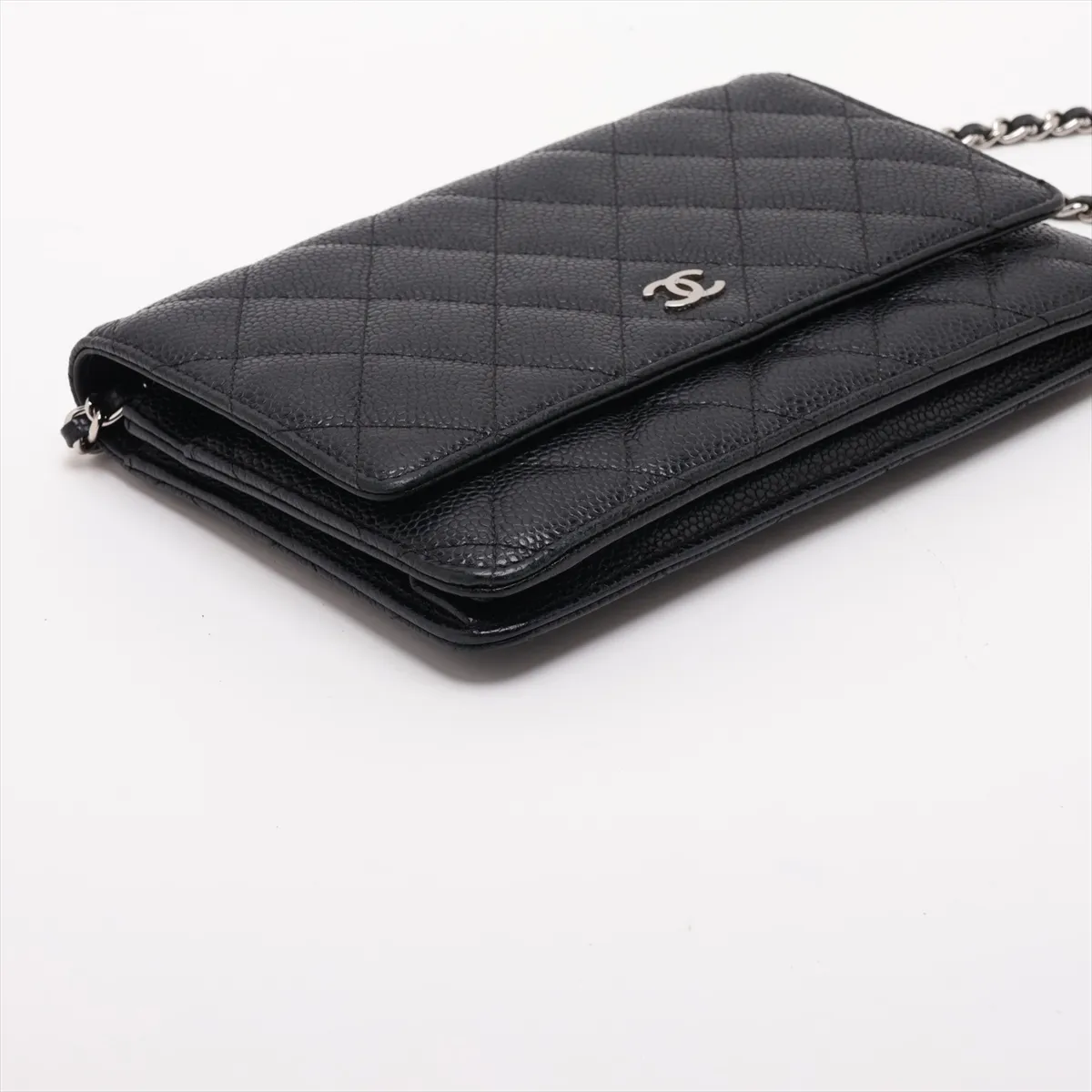 Matelassé Caviar Skin Chain Wallet, Black with Silver Hardware, 22636050, Serial Number AP0250 — view 4