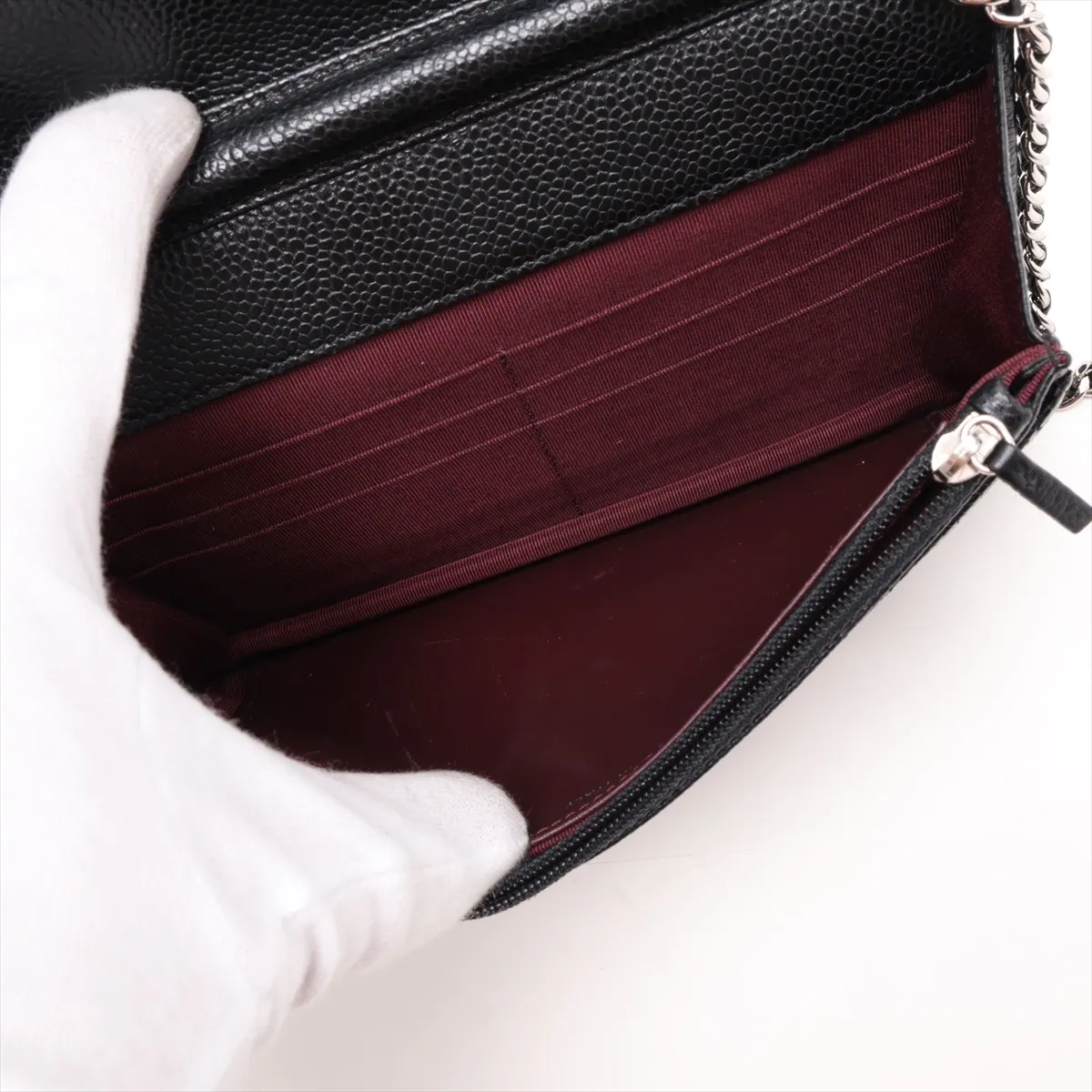 Matelassé Caviar Skin Chain Wallet, Black with Silver Hardware, 22636050, Serial Number AP0250 — view 6