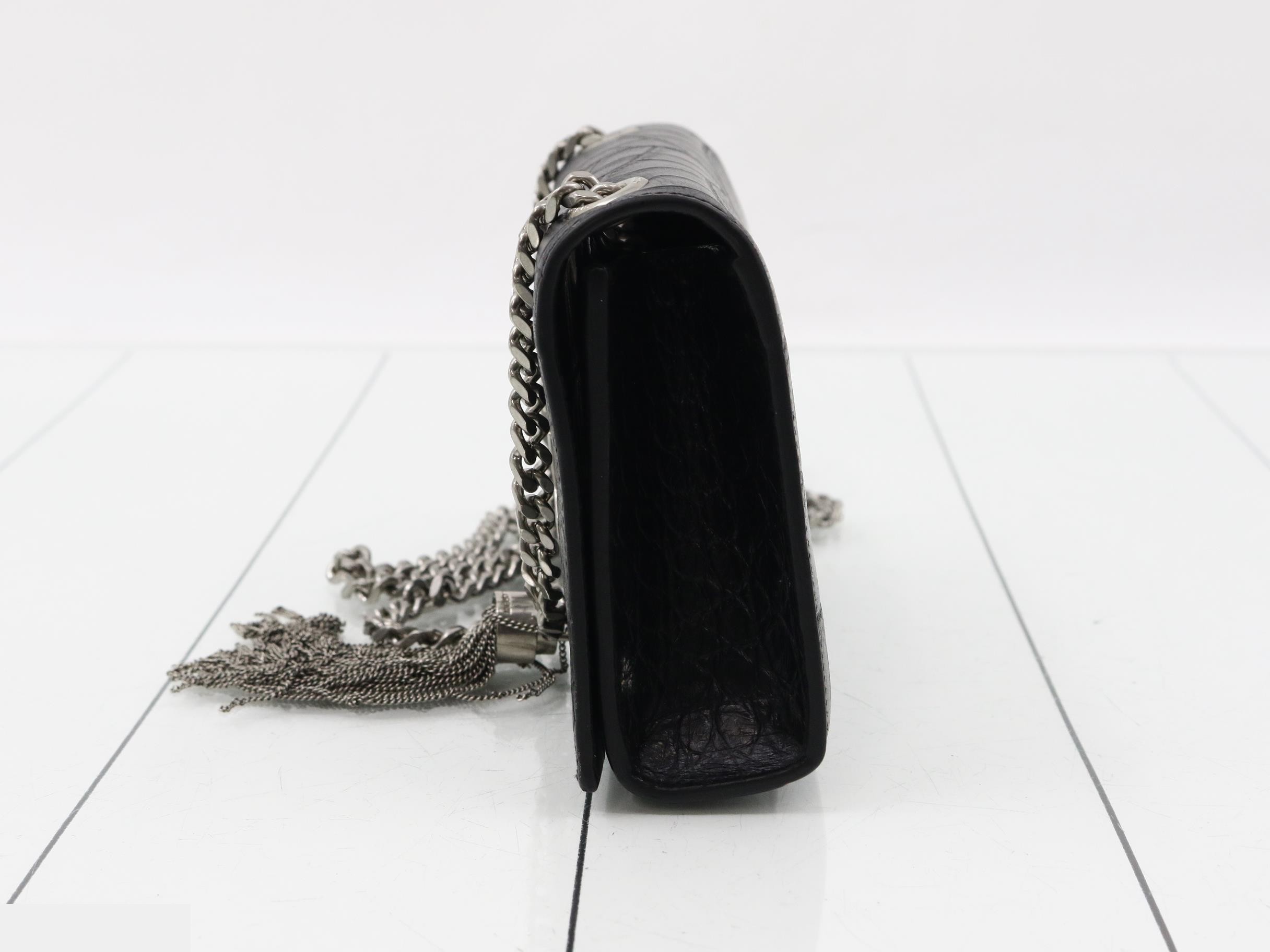 Kate Crocodile Embossed Chain Shoulder Bag, Black — view 3