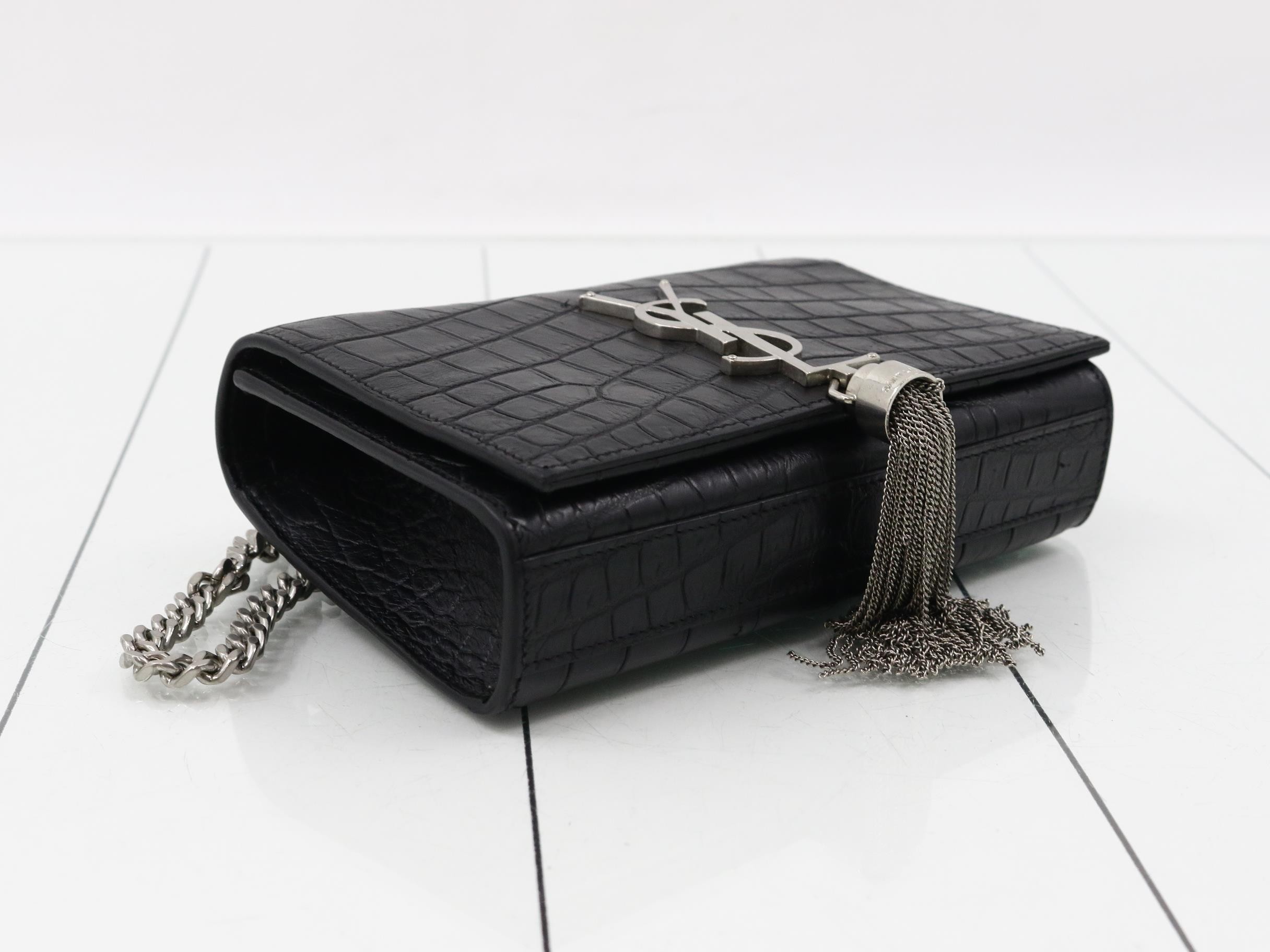Kate Crocodile Embossed Chain Shoulder Bag, Black — view 5