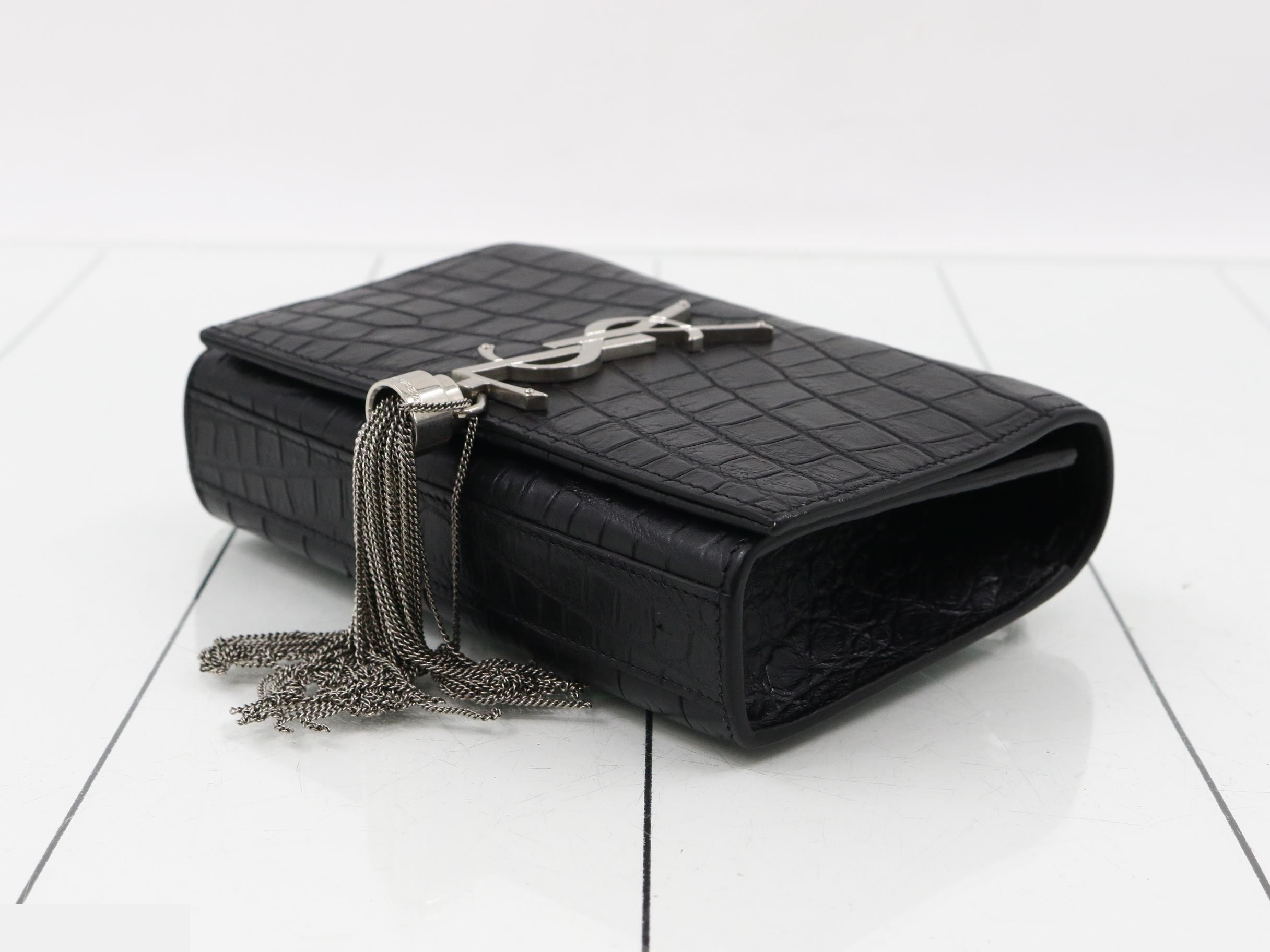 Kate Crocodile Embossed Chain Shoulder Bag, Black — view 6