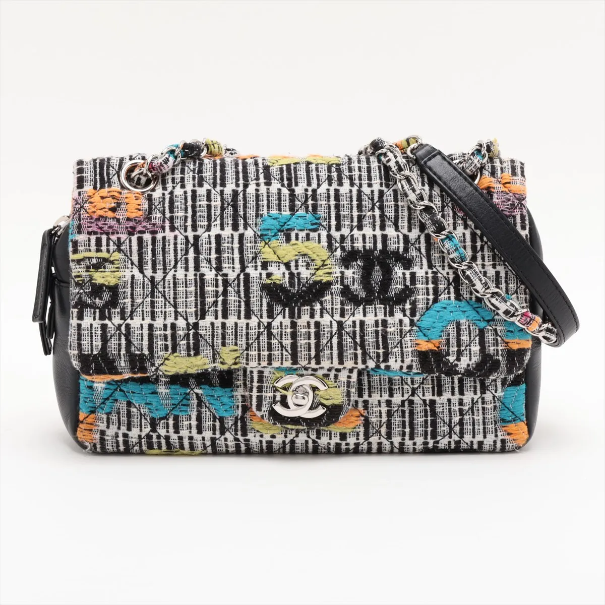 Matelassé Cotton x Leather Single Flap Double Chain Bag, Multicolor, Silver Hardware, 21026604, Serial Number 21