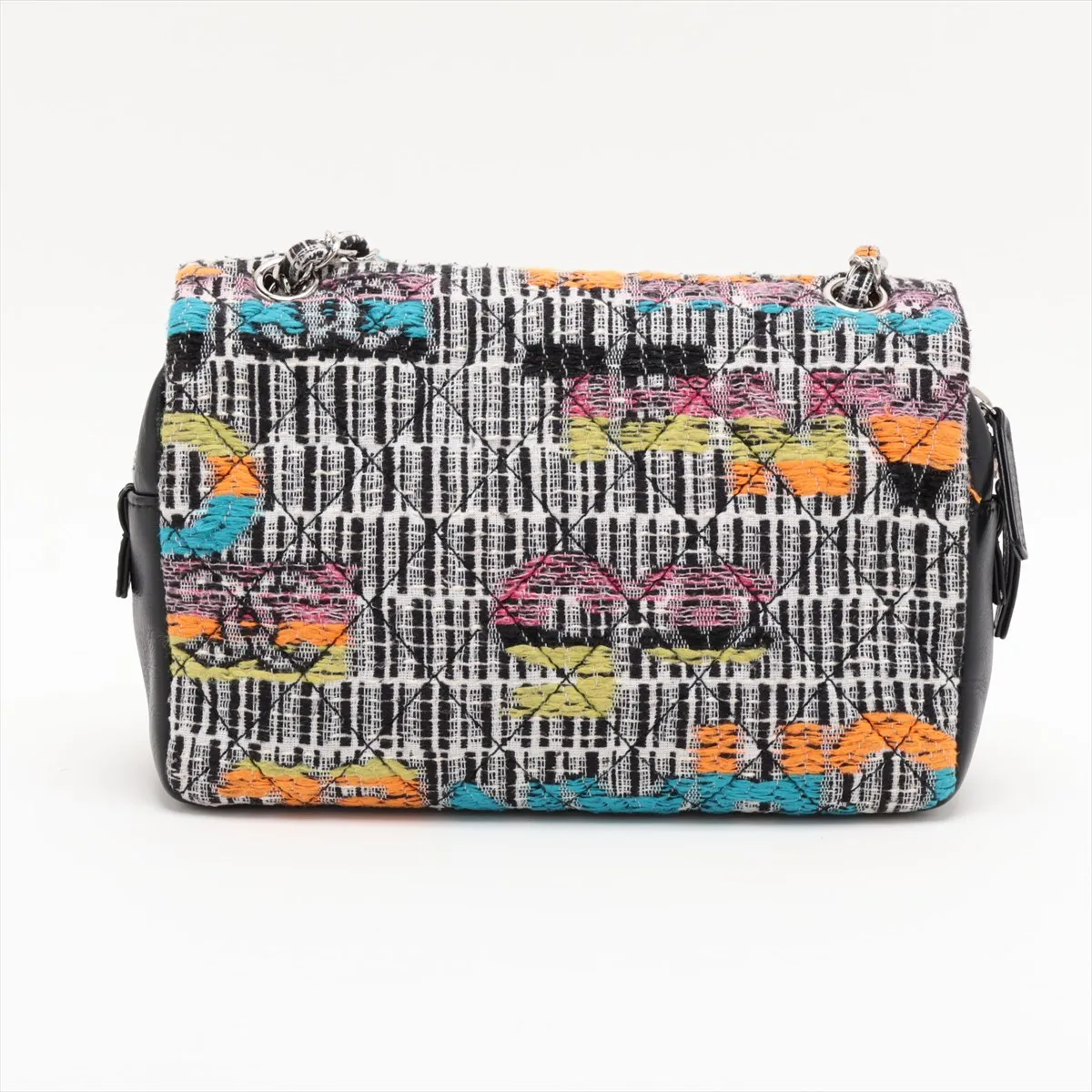 Matelassé Cotton x Leather Single Flap Double Chain Bag, Multicolor, Silver Hardware, 21026604, Serial Number 21 — view 2