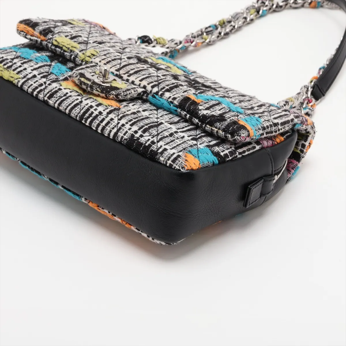 Matelassé Cotton x Leather Single Flap Double Chain Bag, Multicolor, Silver Hardware, 21026604, Serial Number 21 — view 3