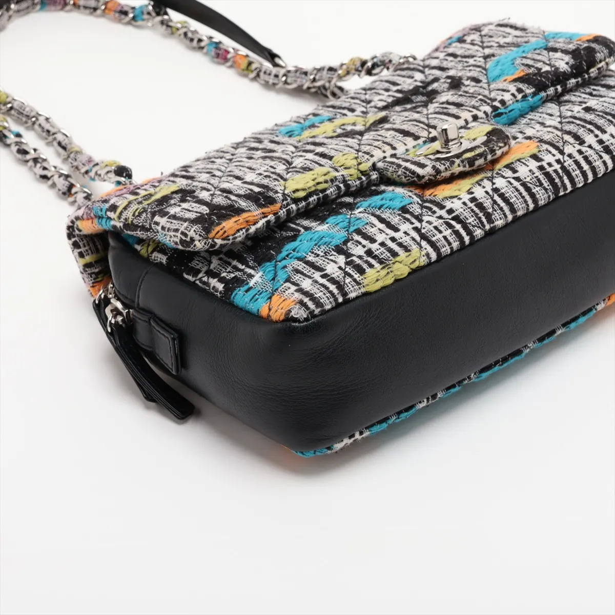 Matelassé Cotton x Leather Single Flap Double Chain Bag, Multicolor, Silver Hardware, 21026604, Serial Number 21 — view 4