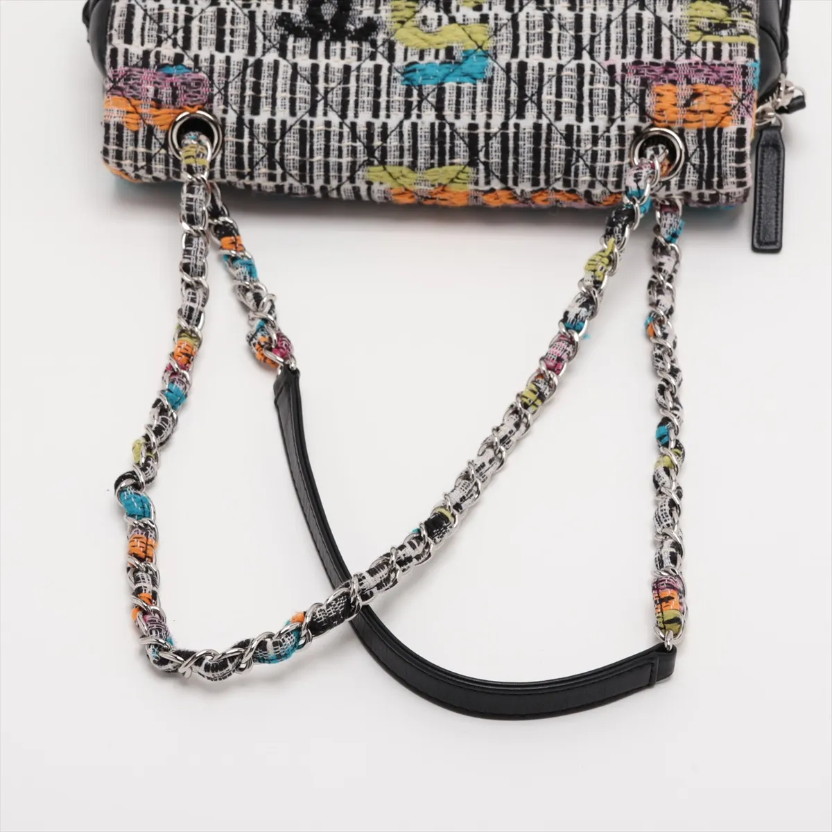 Matelassé Cotton x Leather Single Flap Double Chain Bag, Multicolor, Silver Hardware, 21026604, Serial Number 21 — view 5