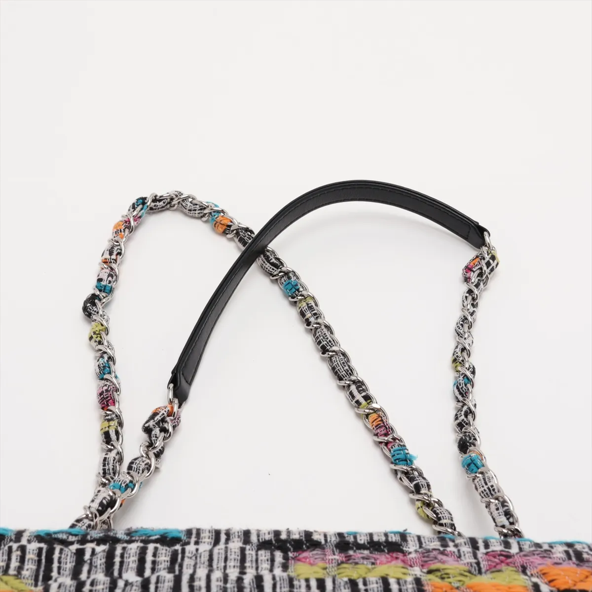 Matelassé Cotton x Leather Single Flap Double Chain Bag, Multicolor, Silver Hardware, 21026604, Serial Number 21 — view 6